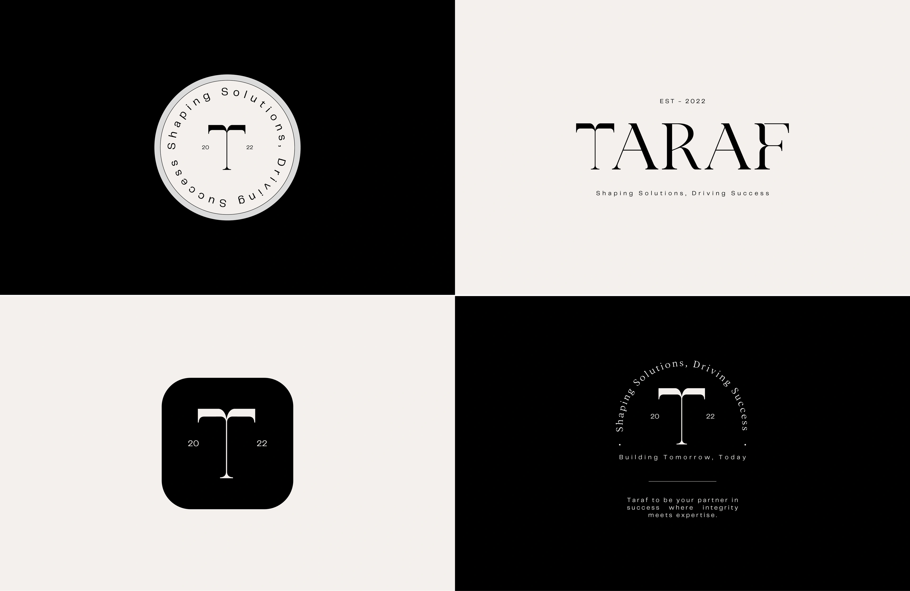 Taraf logo system board with circular badge, monogram and app icon
