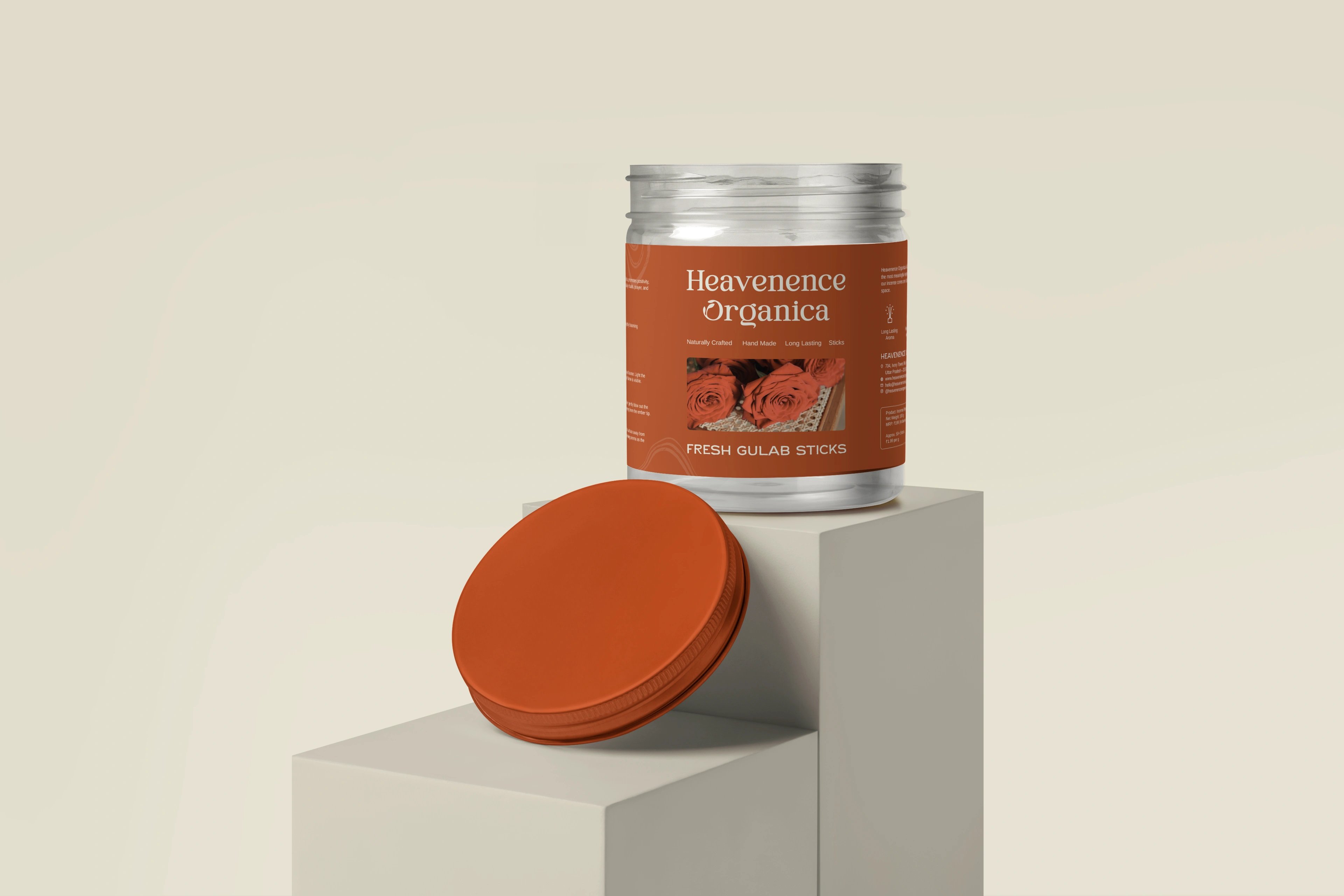 Heavenence Organica Fresh Gulab Sticks in a terracotta jar on a cream plinth