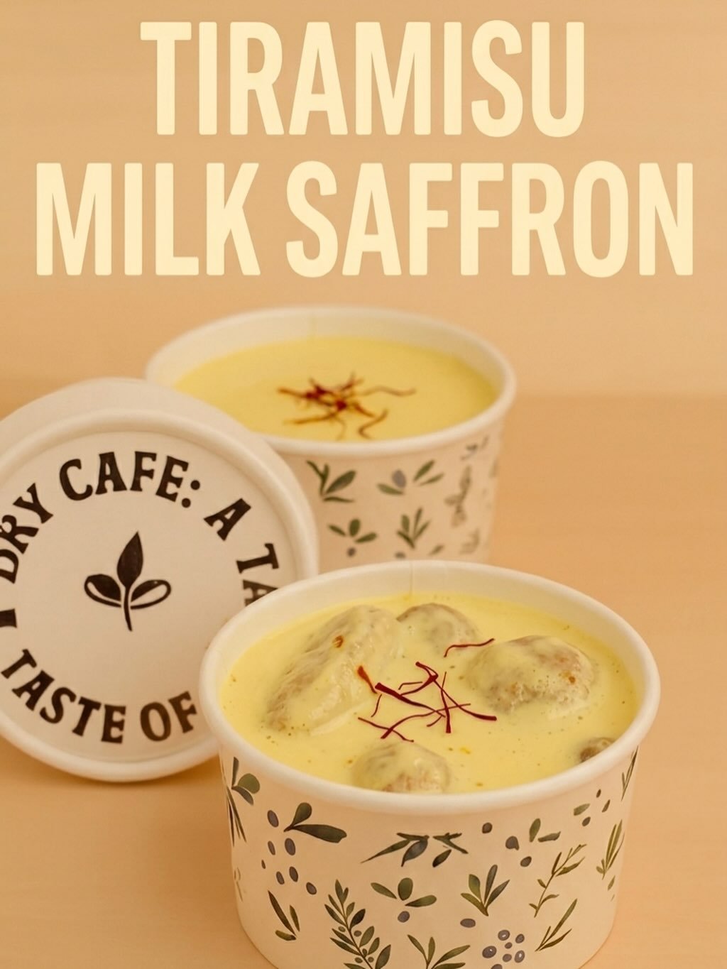 Two Dry Café dessert cups of saffron-milk tiramisu in botanical-print packaging, topped with saffron threads