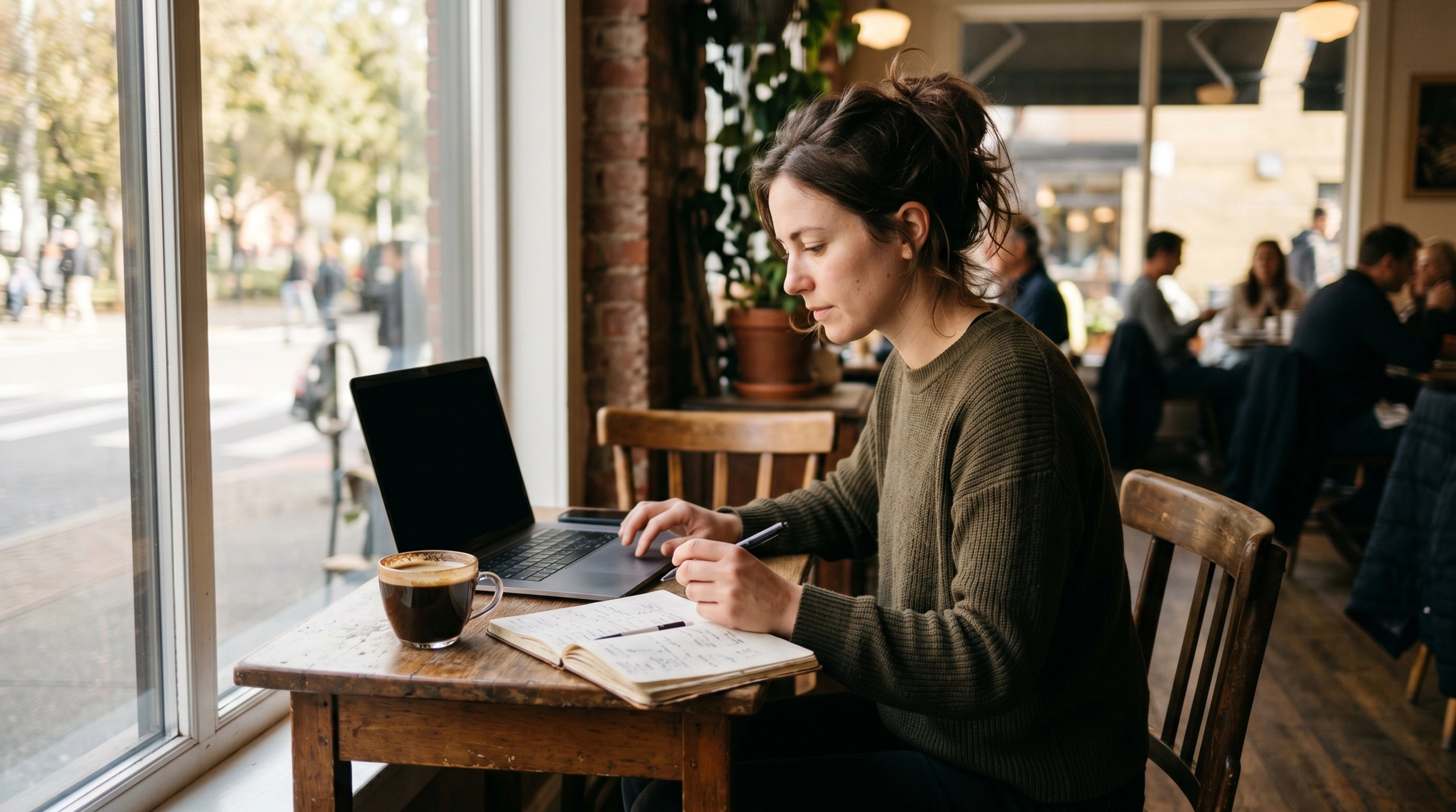 Freelance designer working alone on a laptop at a cafe table by a window