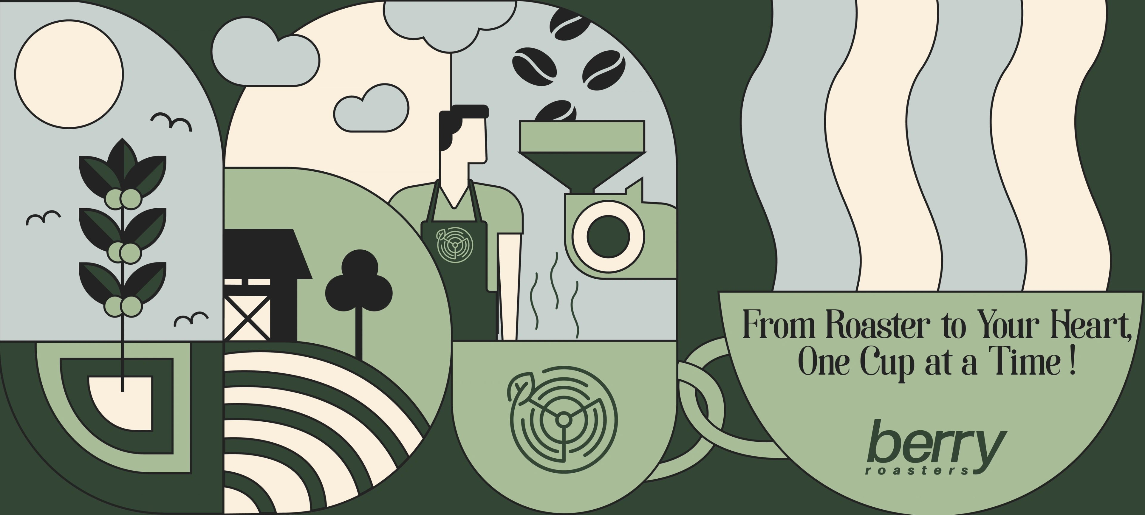 Berry Roasters' farm-to-cup illustration band — farm, roastery, beans and cup drawn across a deep green panel