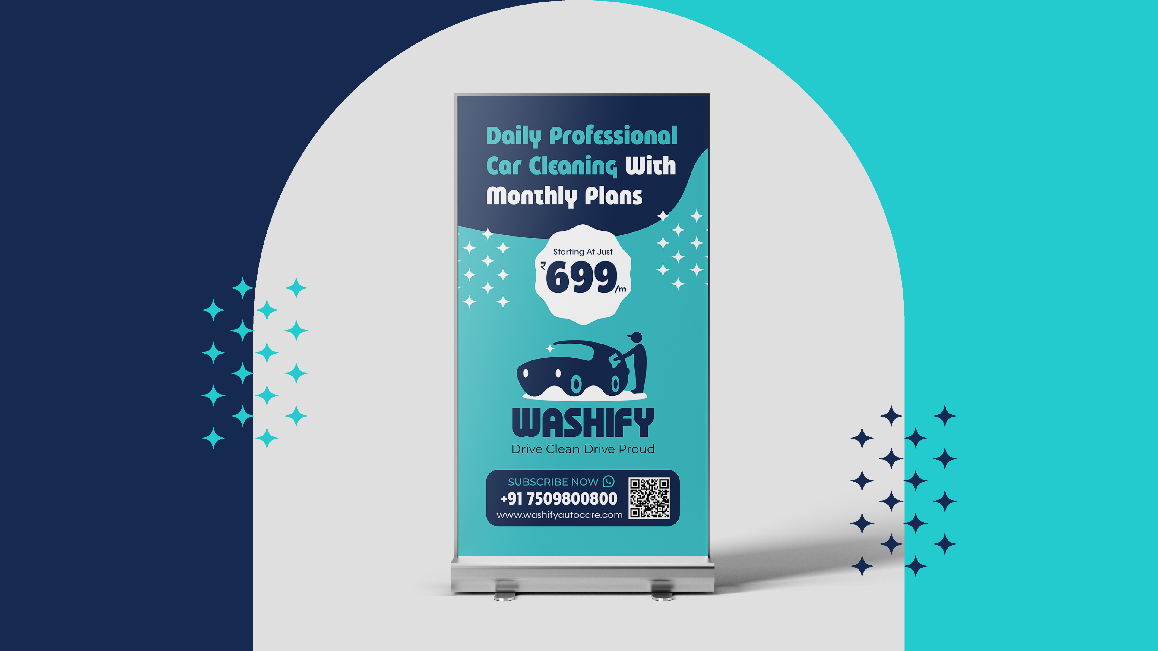 Washify counter standee advertising daily professional car cleaning with monthly plans from rupees 699