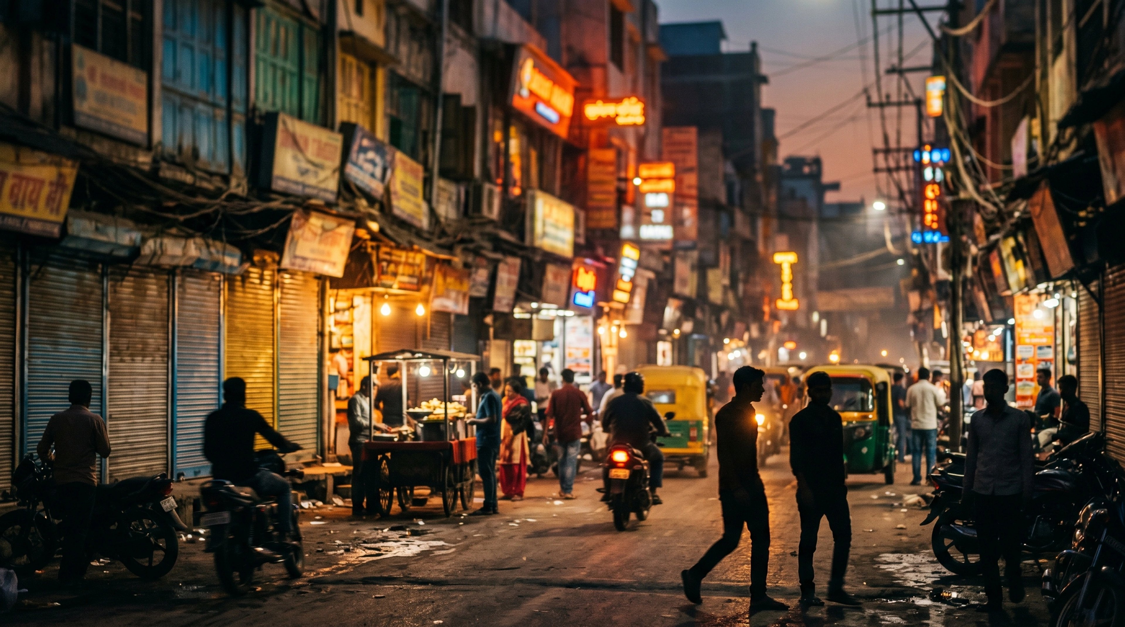 Indian street at dusk layered with out-of-focus shop signs and hoardings
