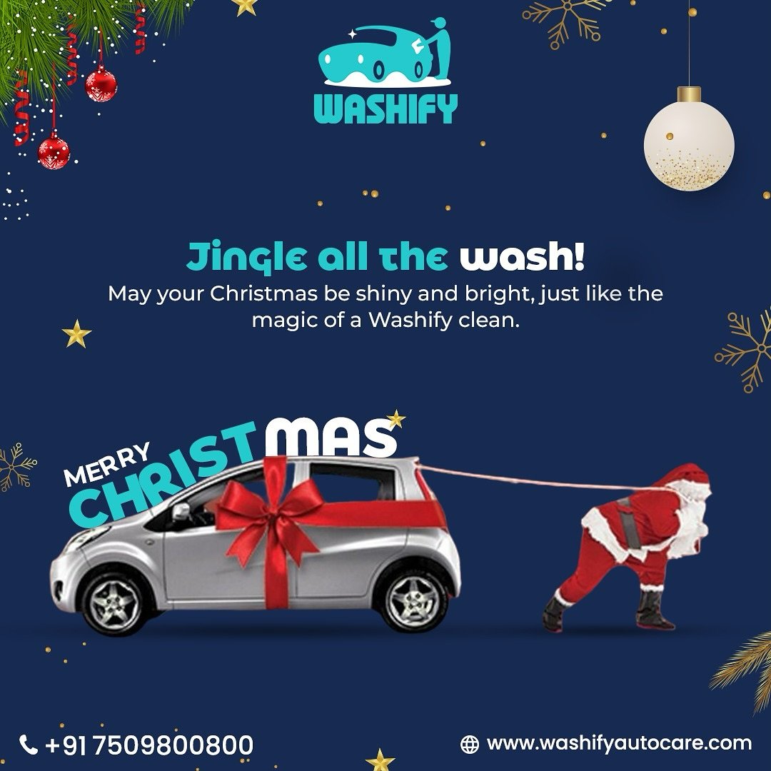 Washify festive social post reading 'Jingle all the wash' with Santa pulling a gift-wrapped car on navy