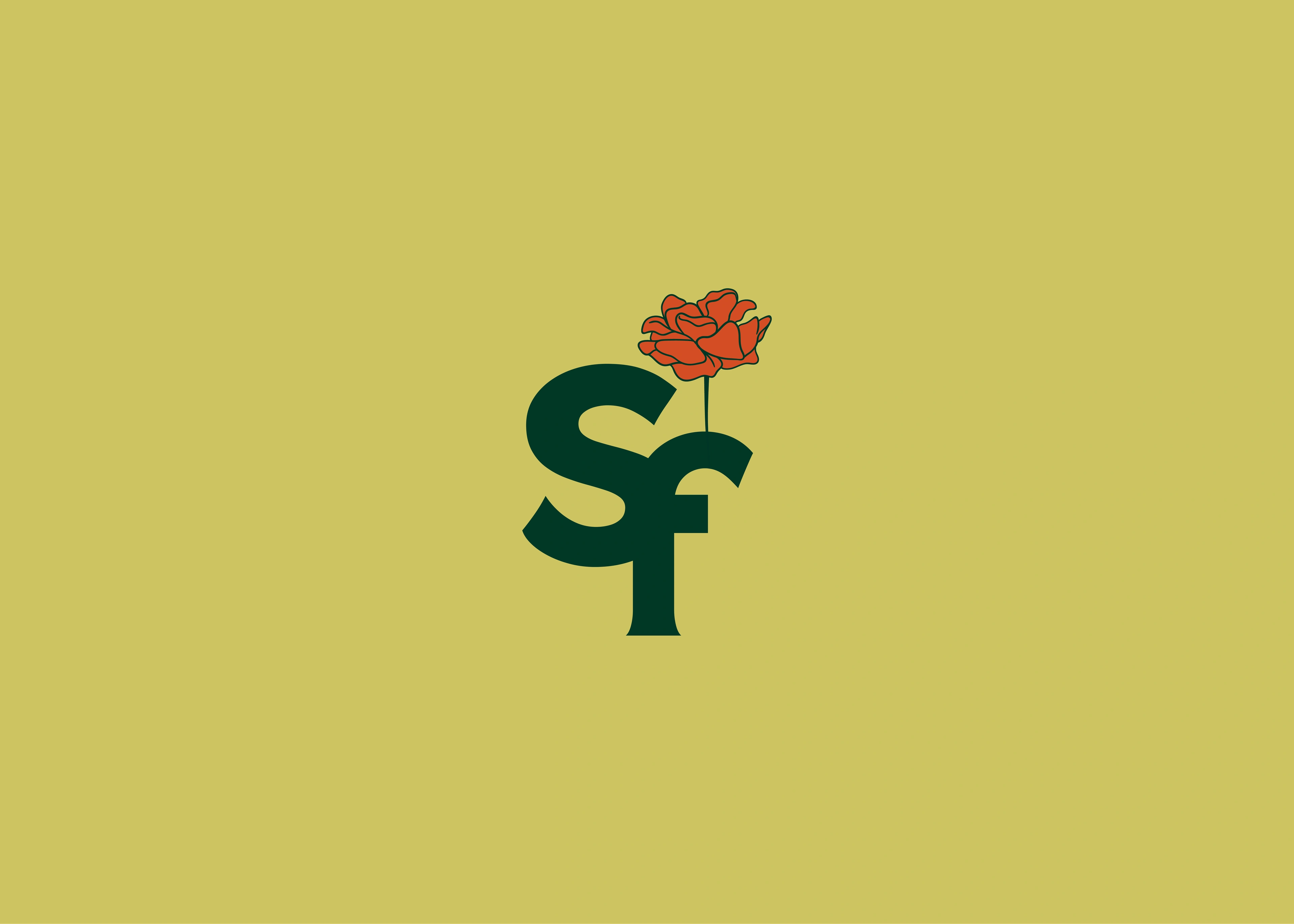 Stillflower SF floral monogram with a rose rising from the letterform on gold