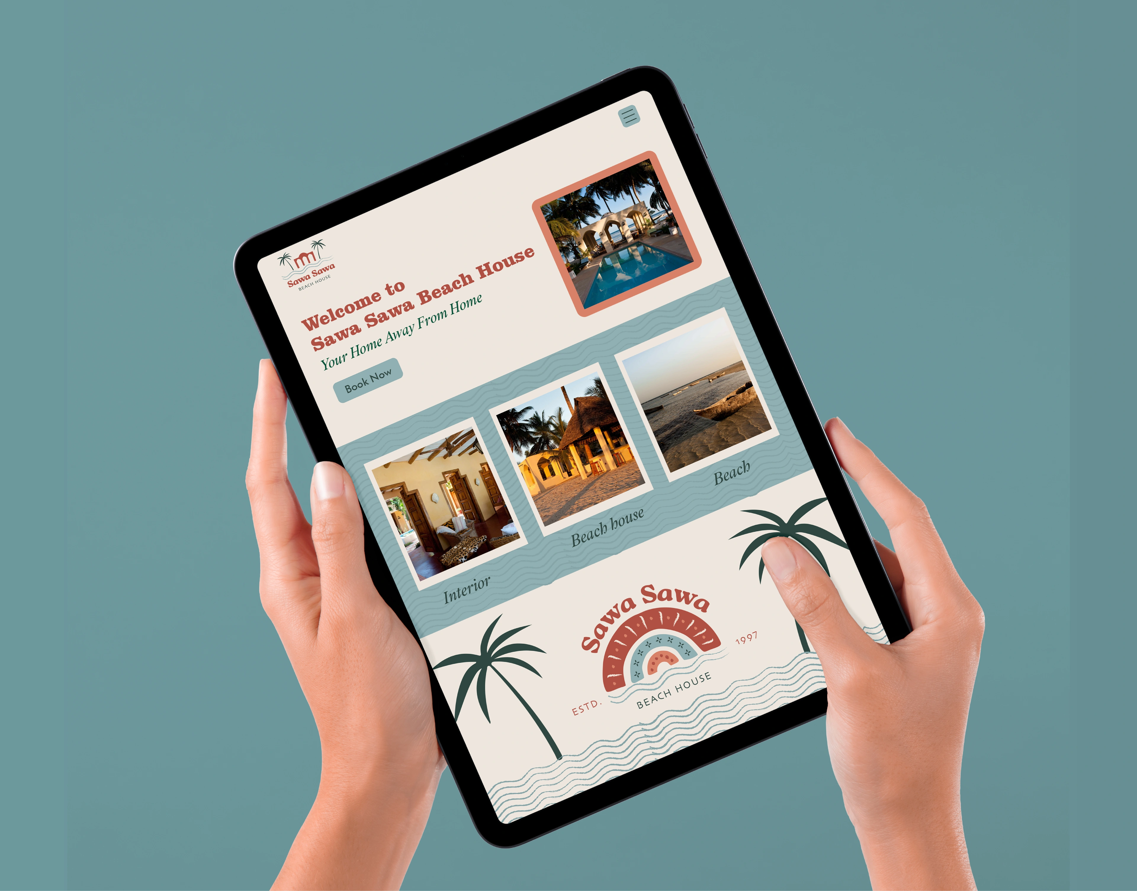 The redrawn Sawa Sawa Beach House website shown on a tablet, with coastal imagery and a clean booking layout