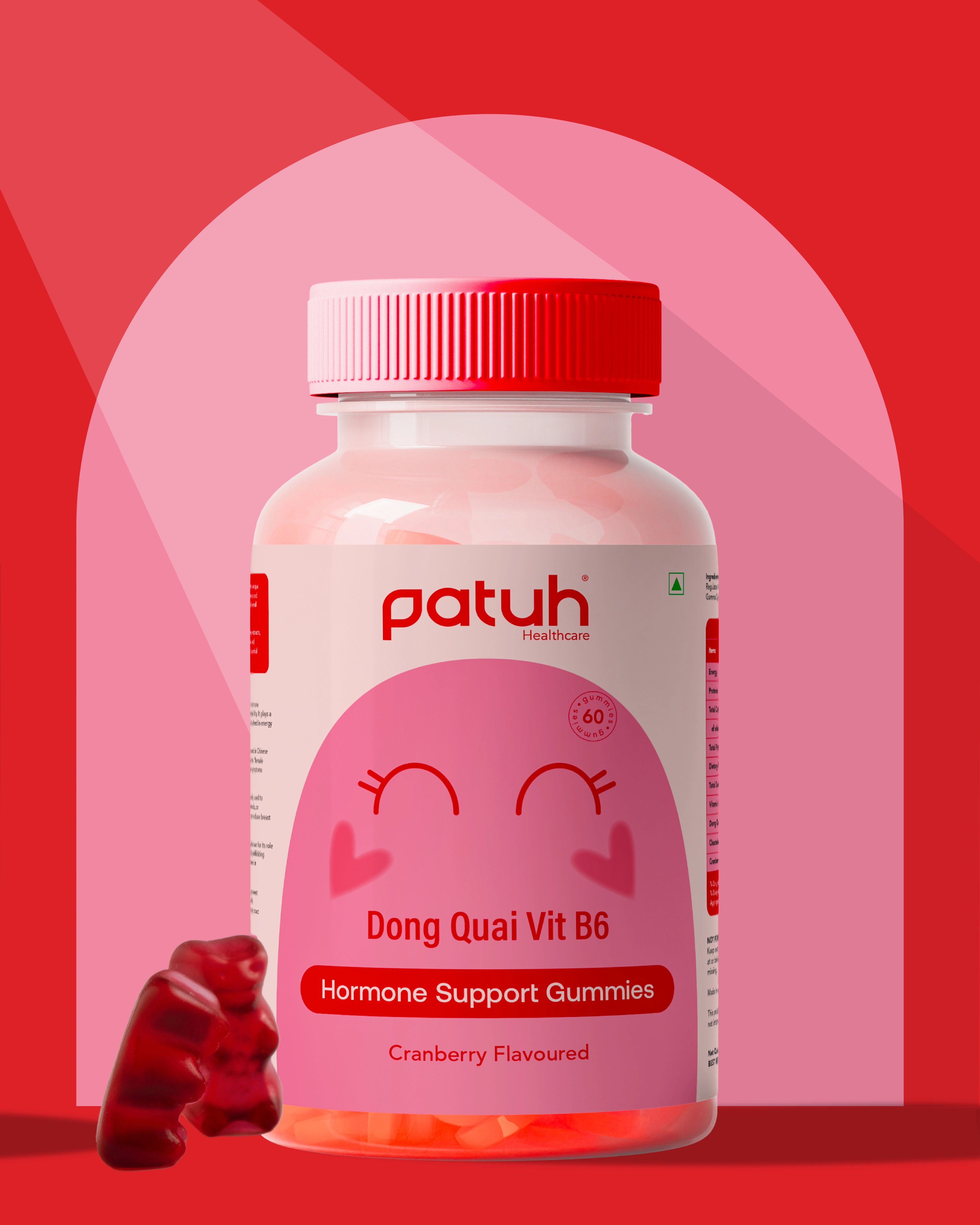 Patuh Healthcare Hormone Support gummies — Dong Quai and vitamin B6, cranberry flavour — with a blushing character