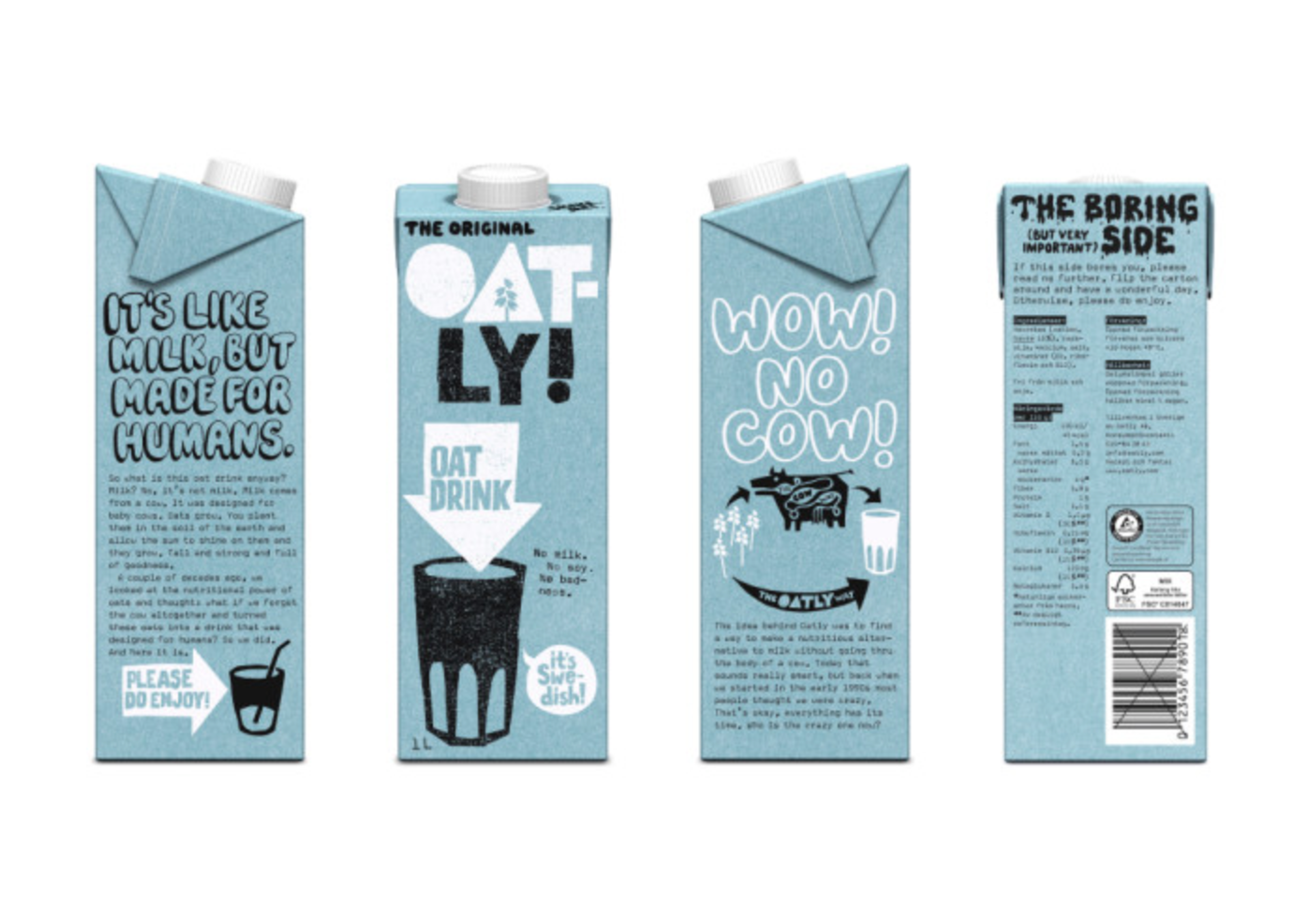 An Oatly carton covered in conversational copy, including a panel labelled 'the boring side'