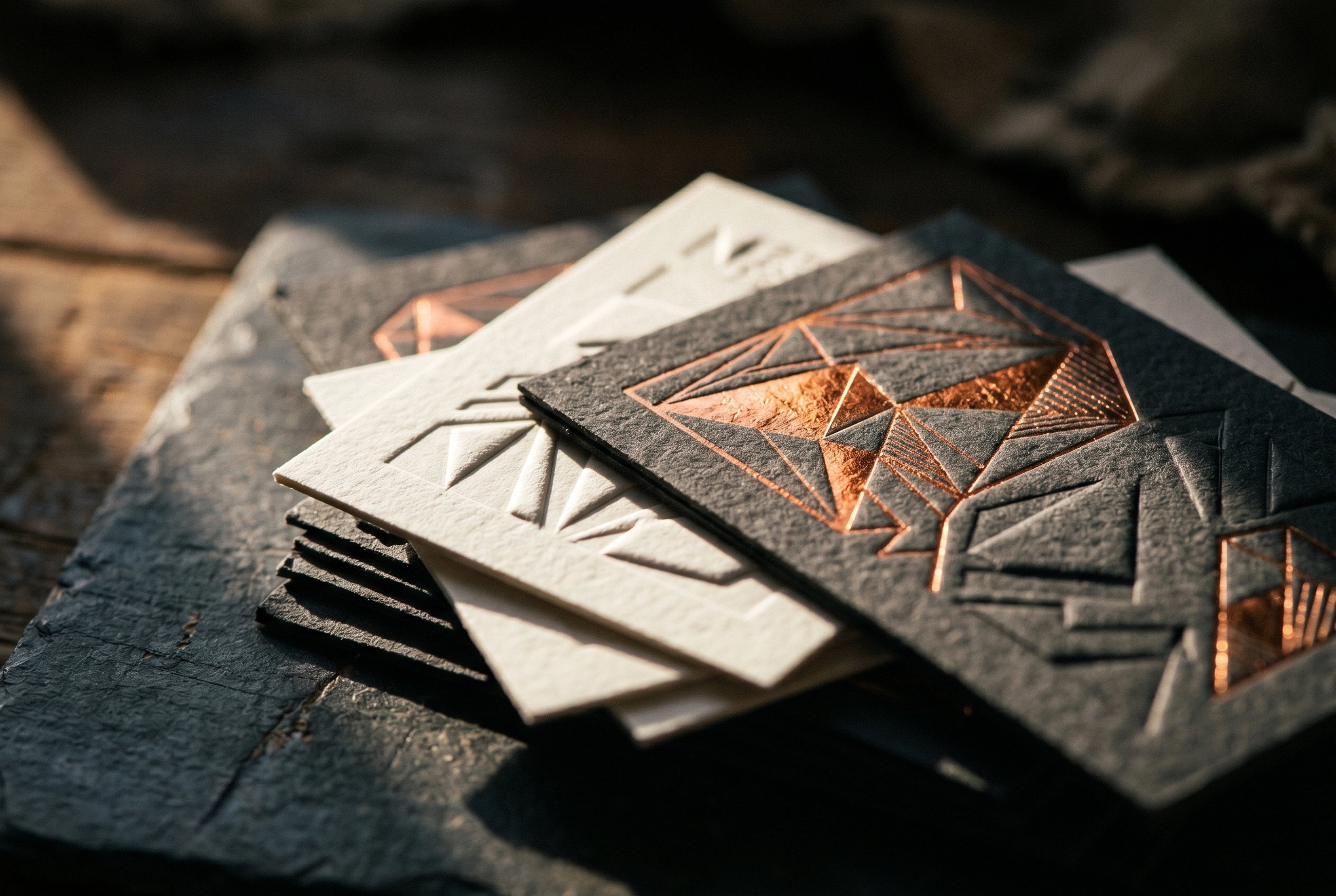 Luxury business cards with copper foil stamping and embossing under raking light
