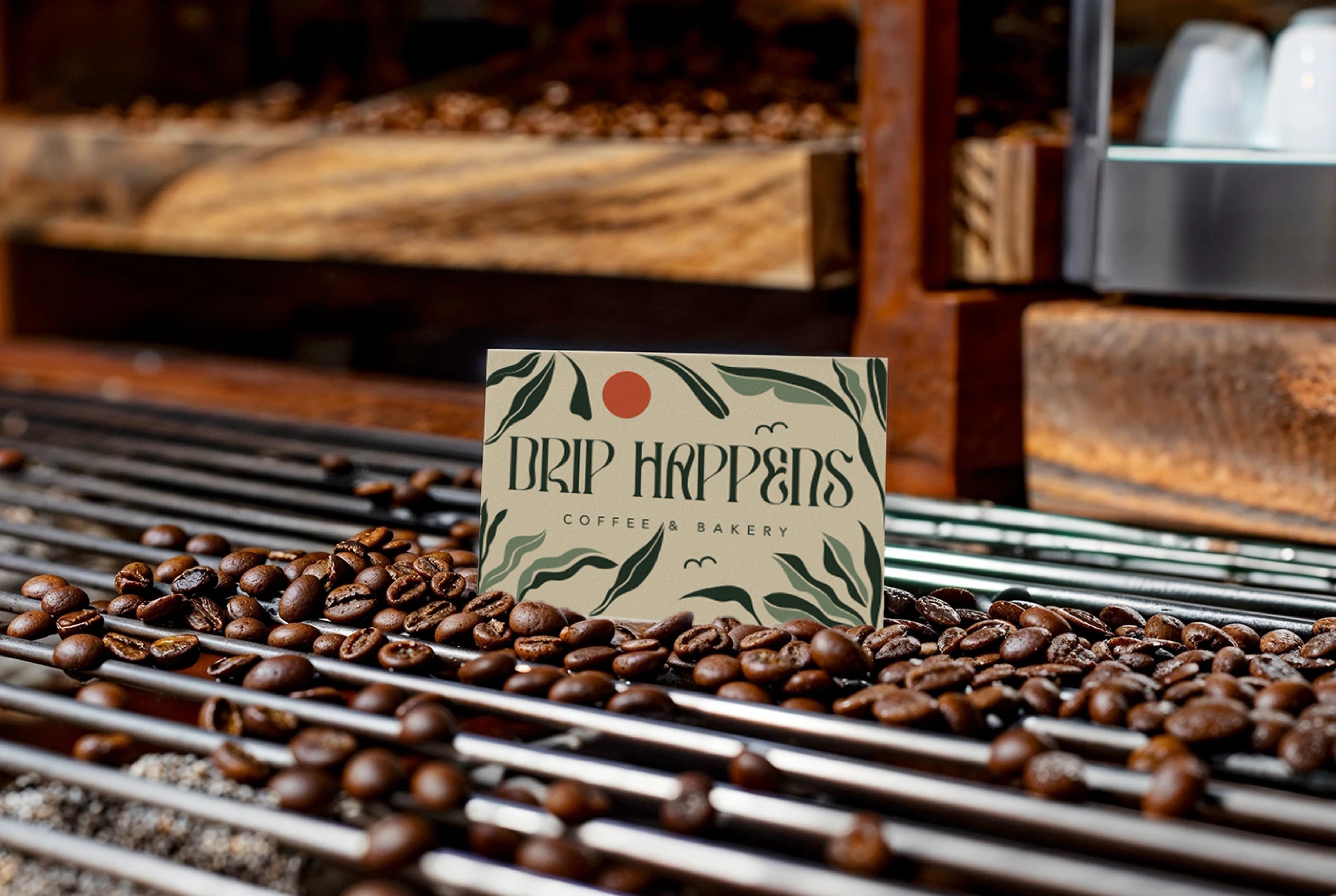 Drip Happens branded card propped among roasting beans on the roaster's cooling tray