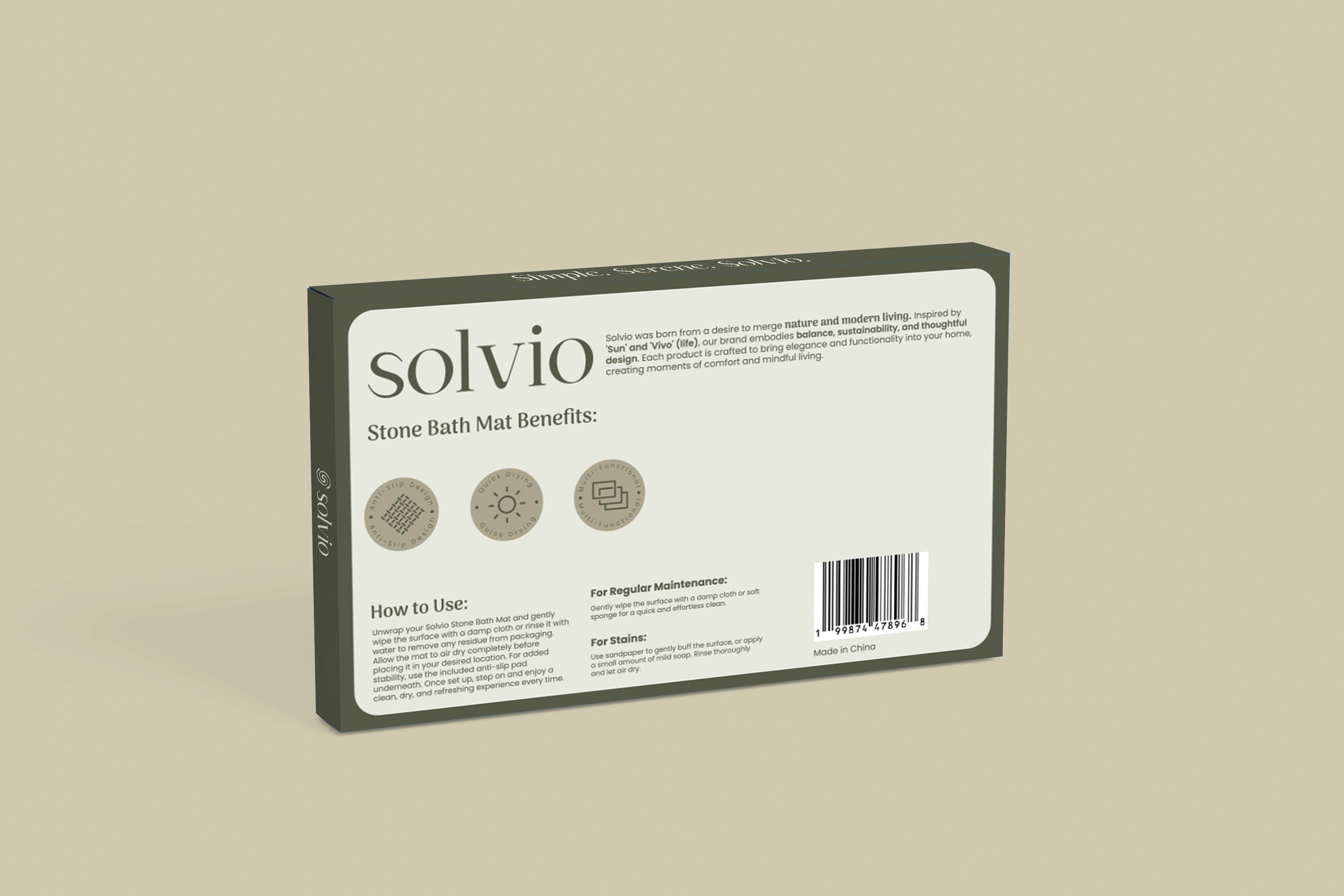Solvio Stone Bath Mat box back showing benefits and how-to-use