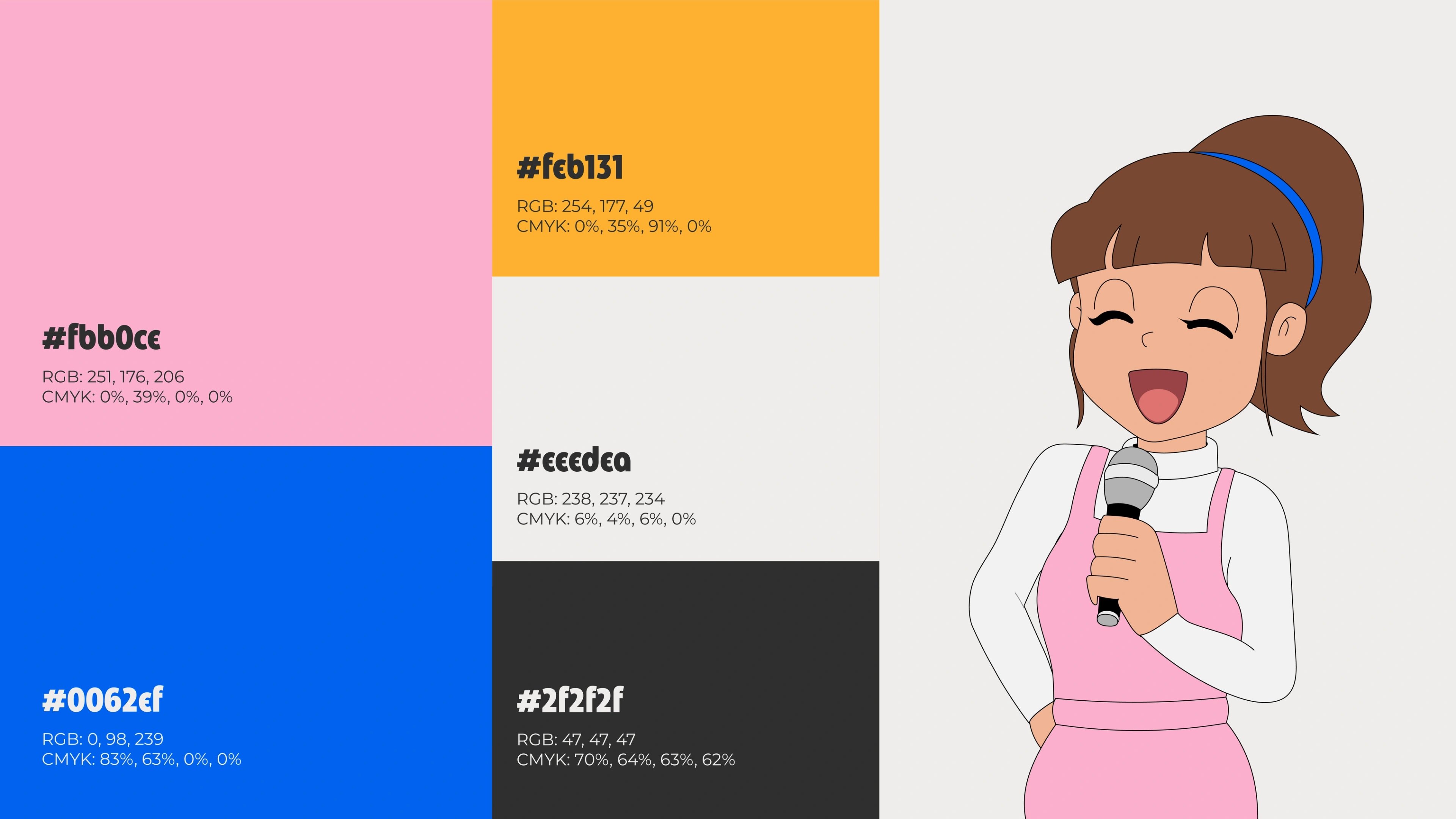 Karaoke Kubo's colour palette beside a retro-pop illustration of a singer mid-song, on pink