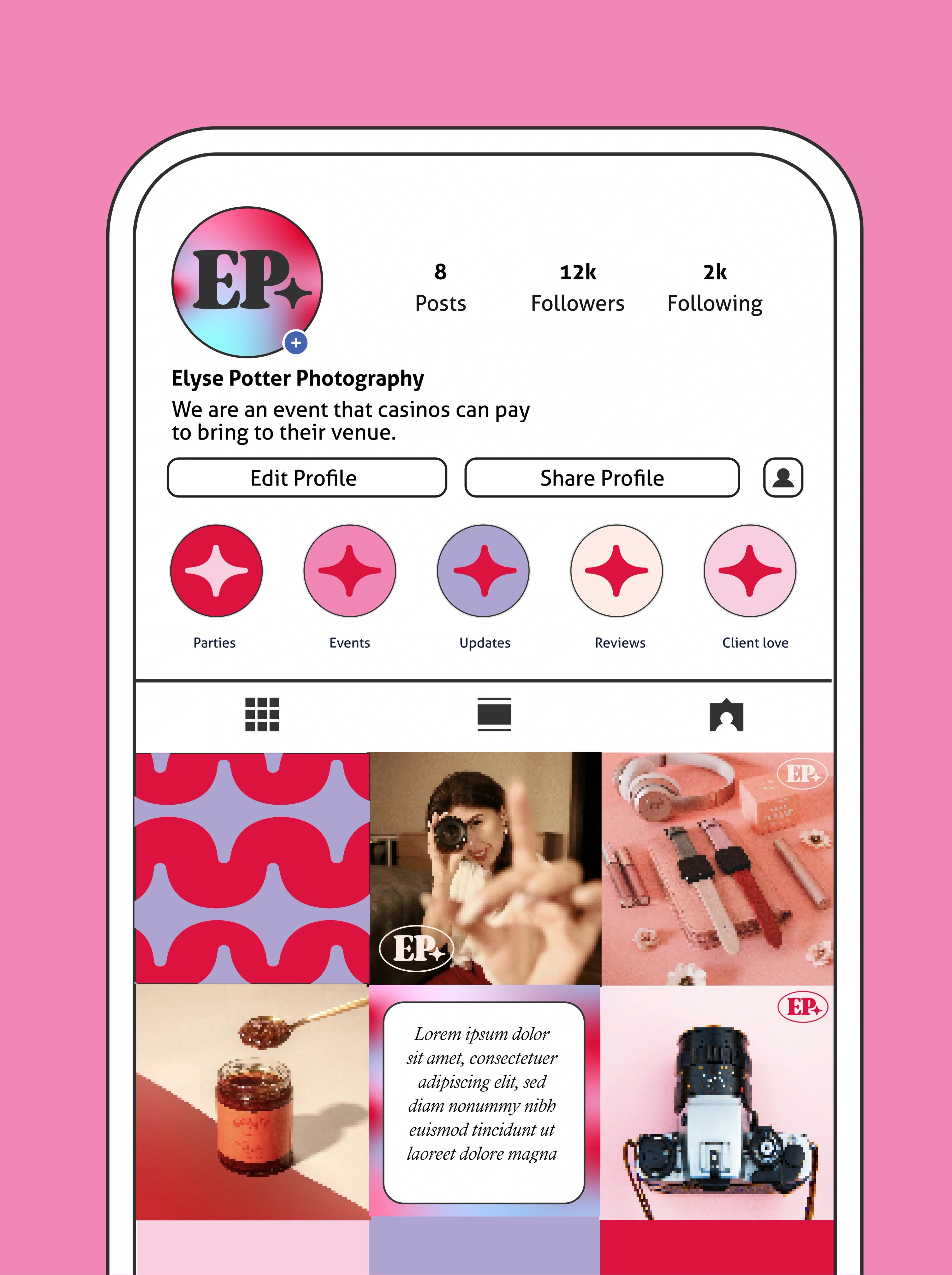 The Elyse Potter Photography Instagram profile shown on a phone, with a pink-toned feed and the EP badge avatar