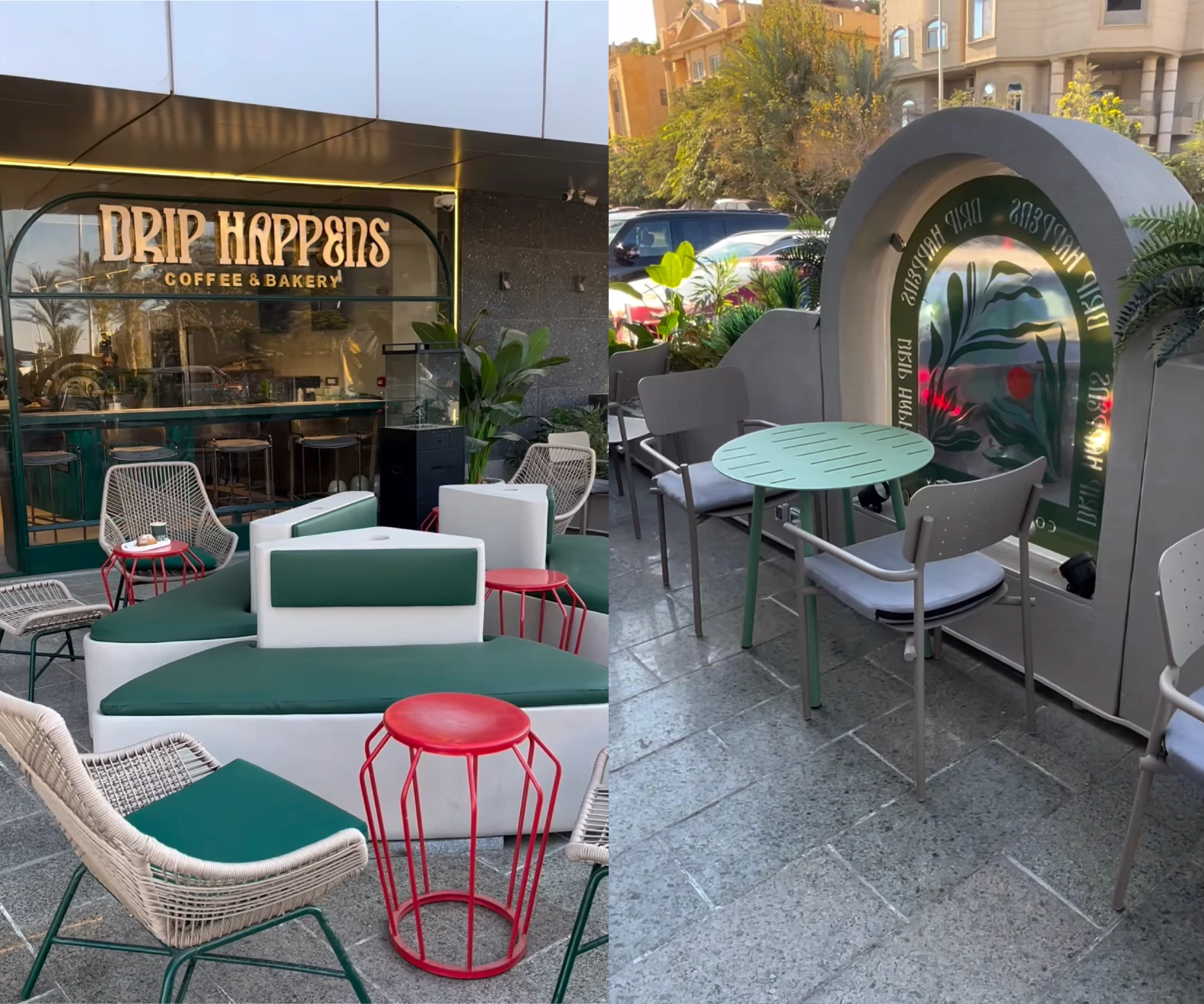 Drip Happens outdoor seating in New Cairo — green tables and red chairs under the branded arch
