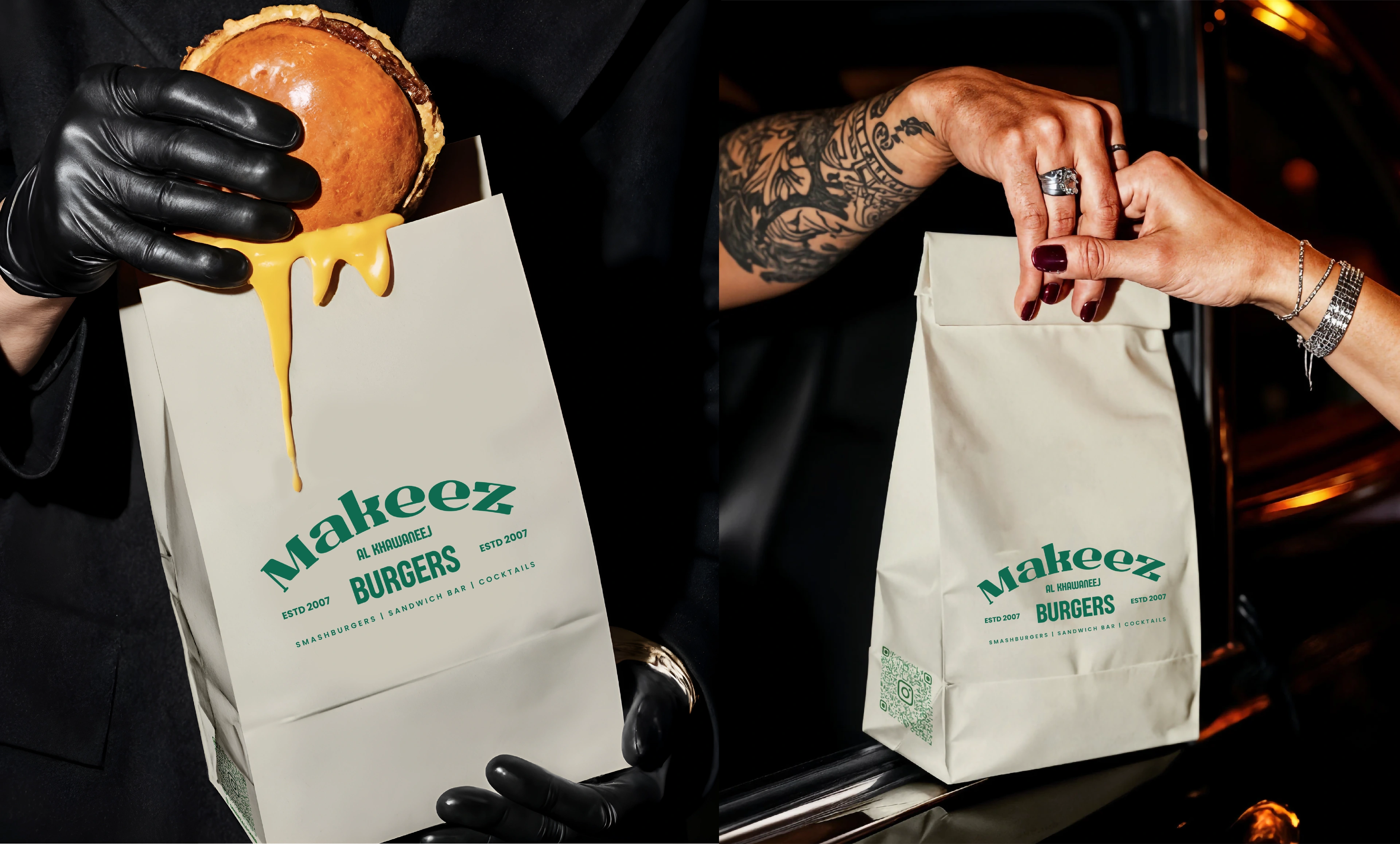 Gloved hands holding a Makeez burger beside branded takeaway bags