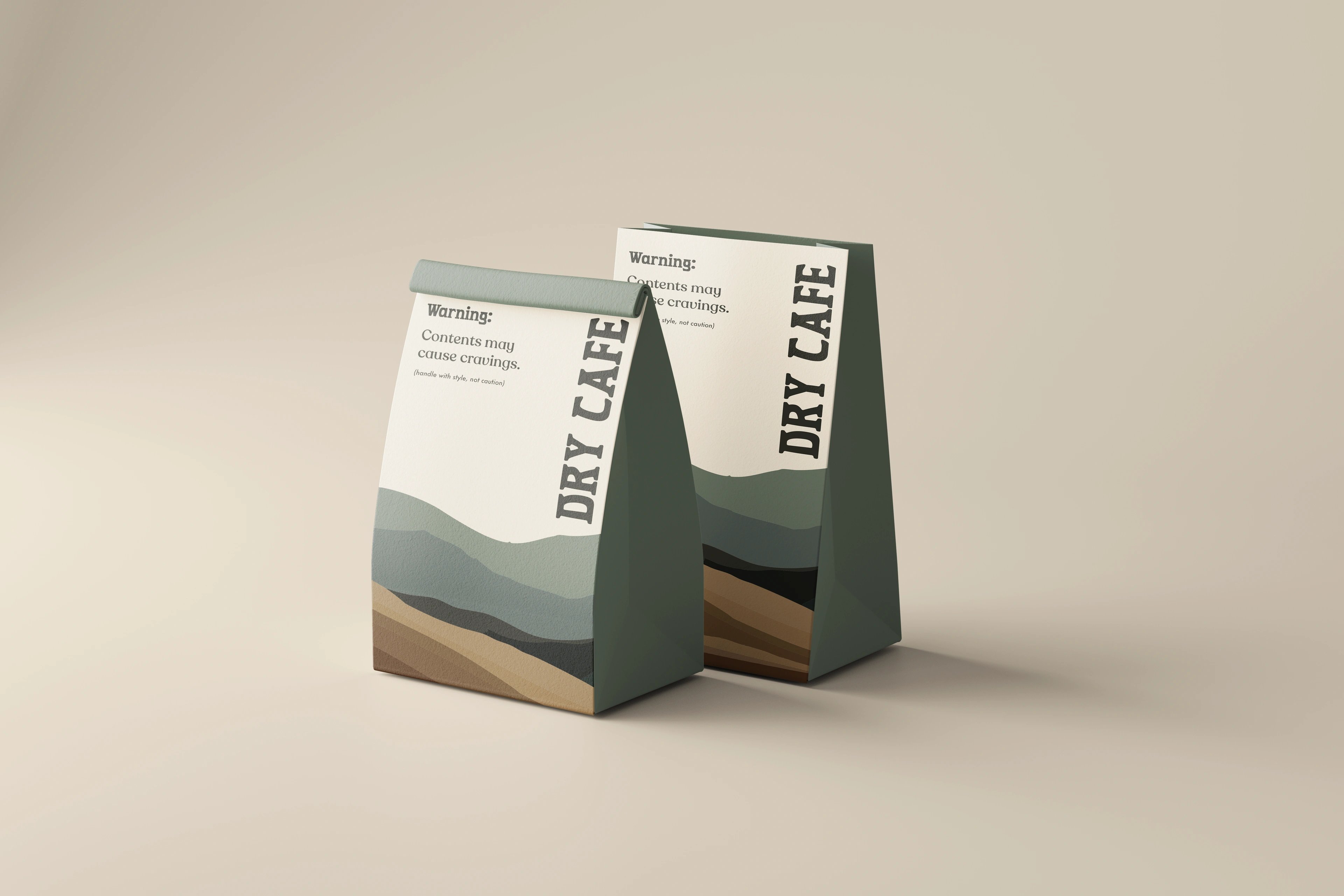 Two Dry Café coffee bags with the layered-mountain landscape design