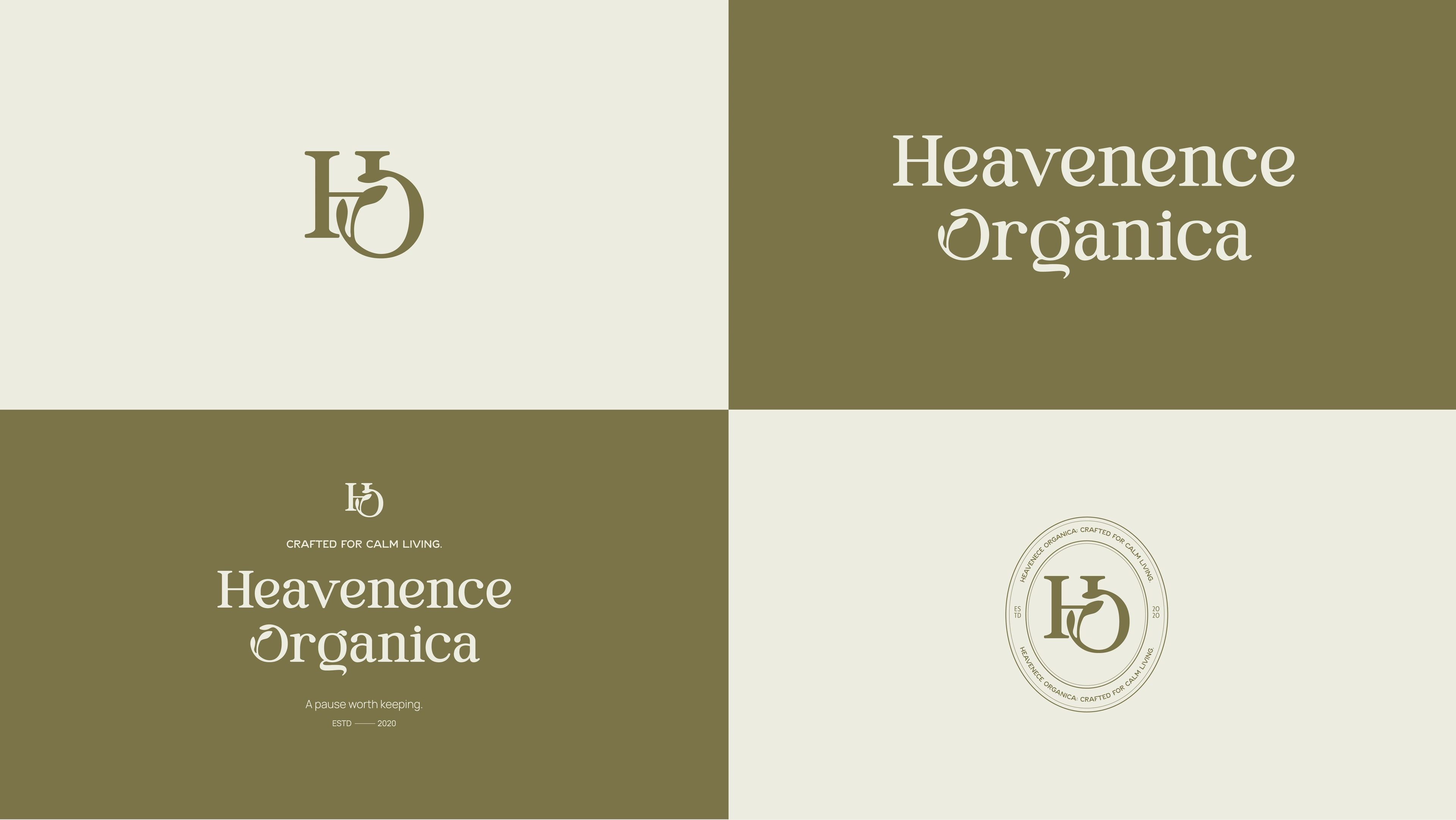 Heavenence Organica brand elements — the HO leaf monogram, serif wordmark and stamp seal on olive and cream