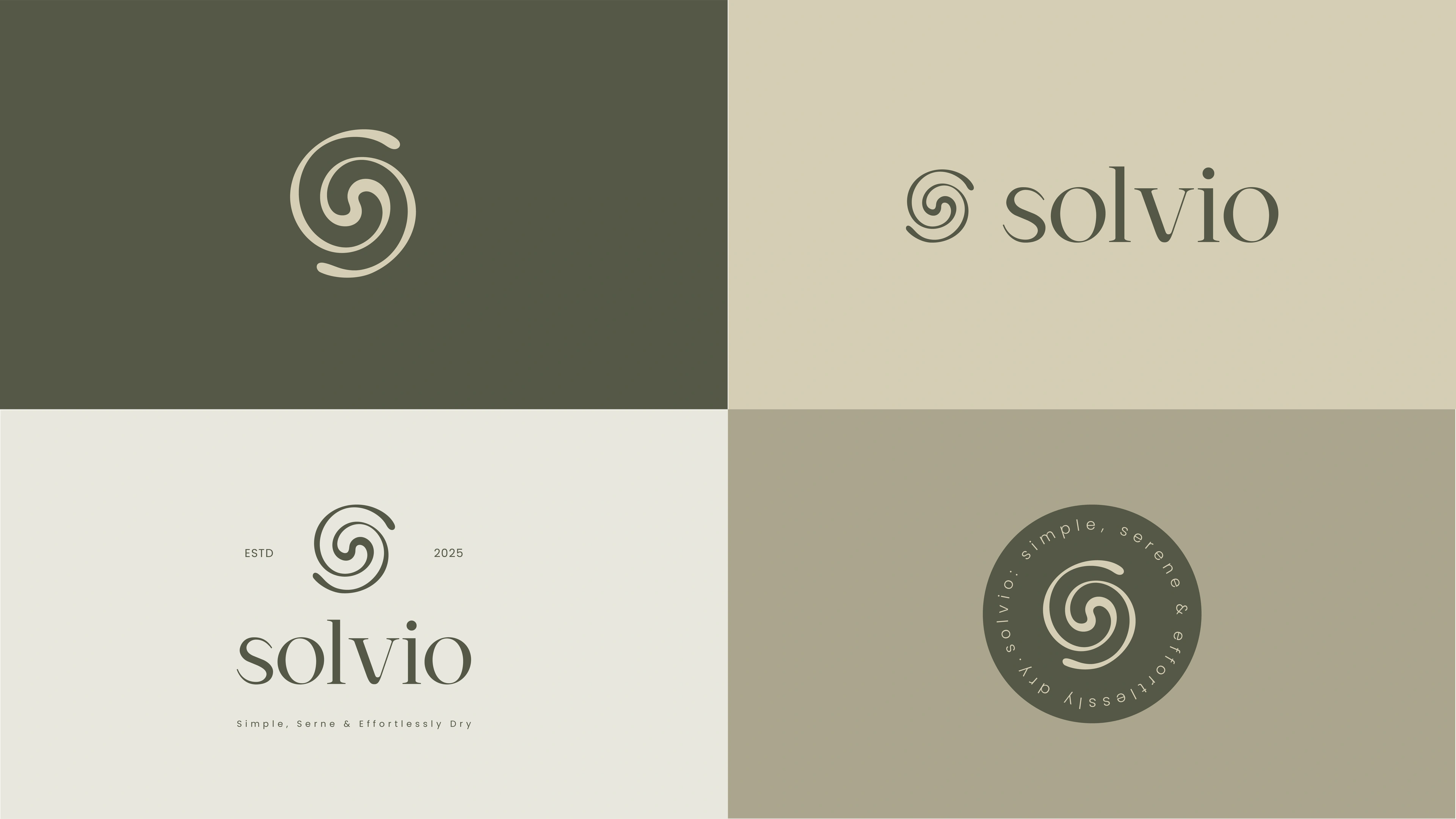 Solvio logo lockups — spiral mark and wordmark across olive and cream