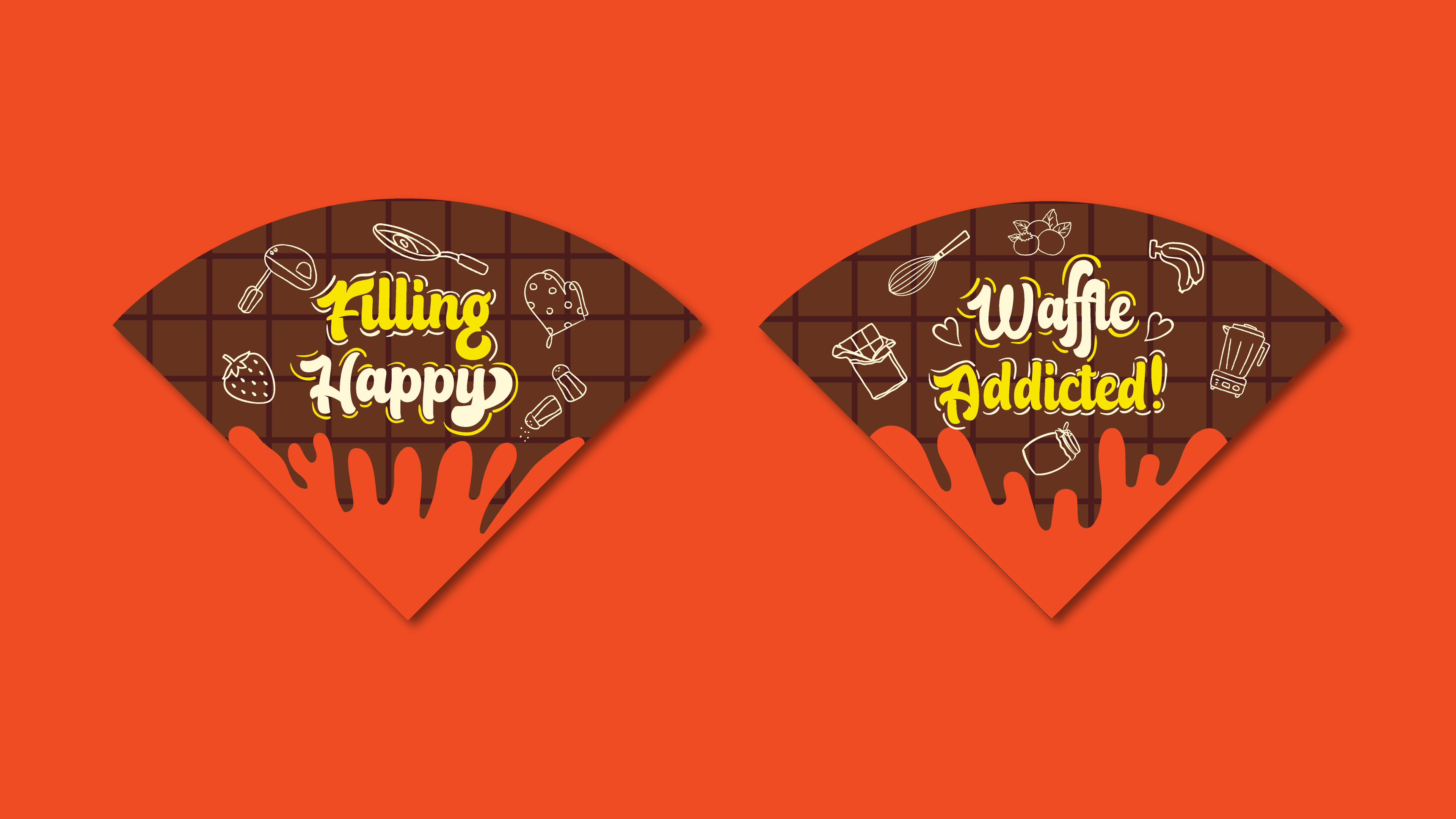 Waffangle cone wrappers reading 'Filling Happy' and 'Waffle Addicted' in chocolate-drip type