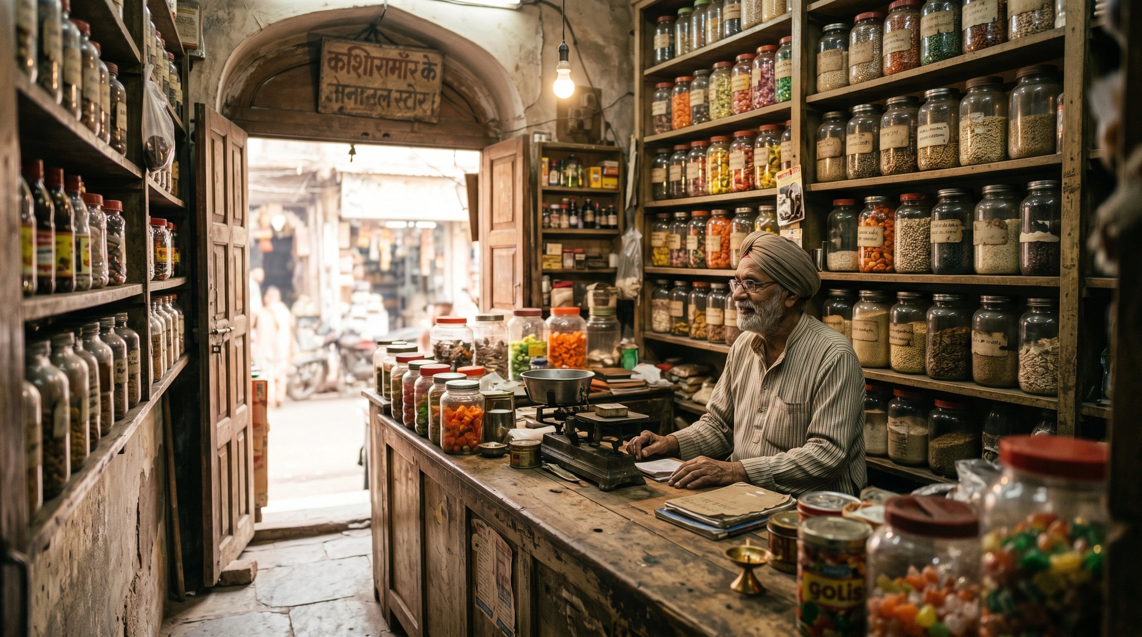 Old Indian general store with glass jars of sweets on wooden shelves