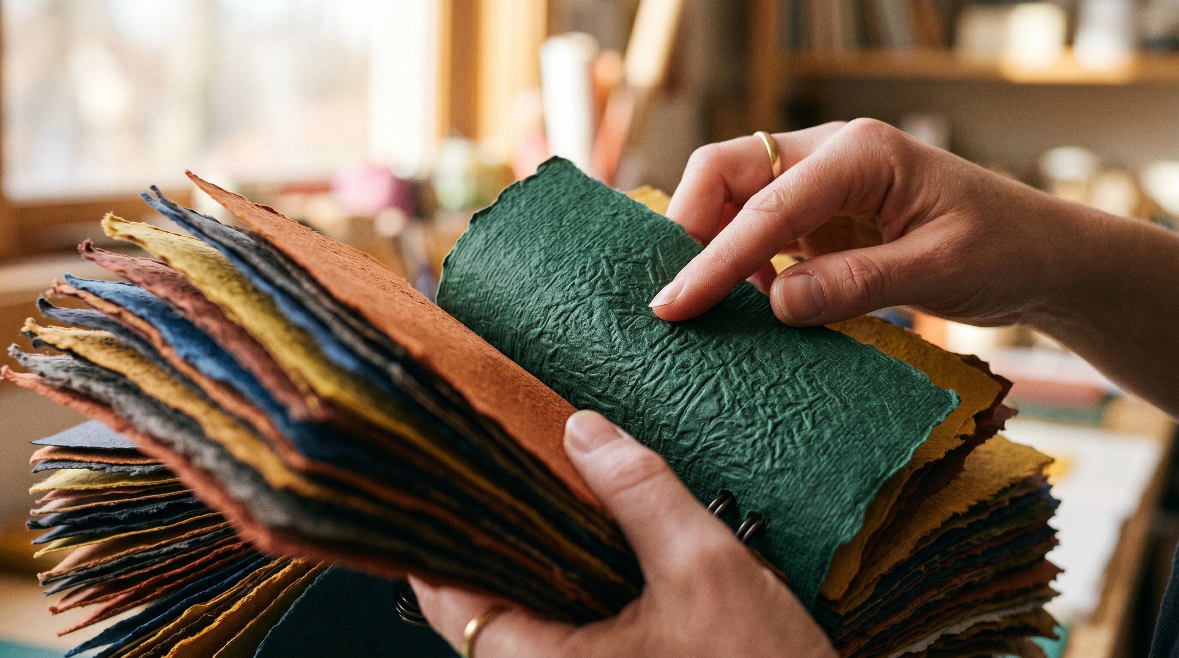 Hands flipping through a swatch book of textured coloured papers