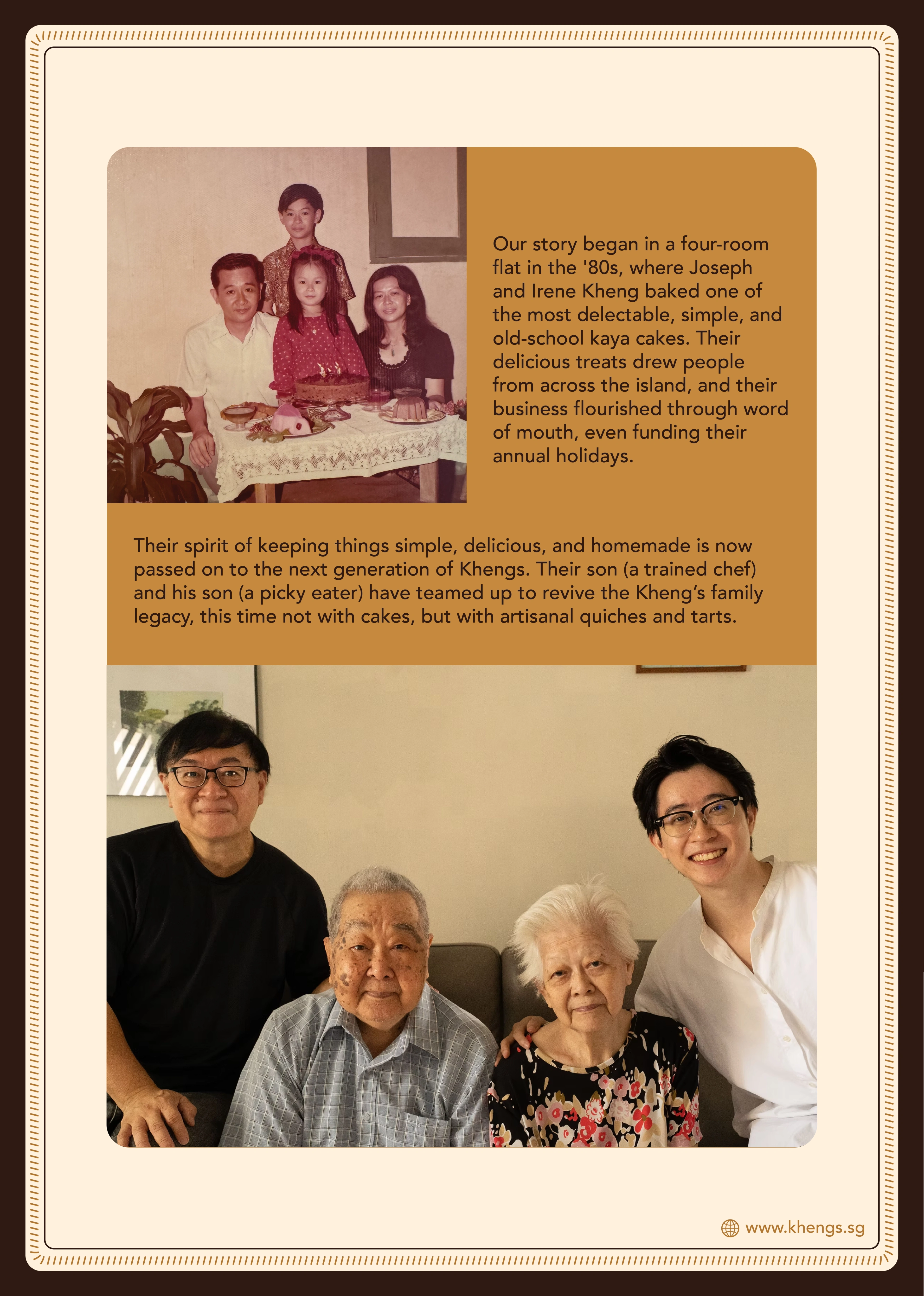 Kheng's family-story card — a 1970s family photo above today's three generations