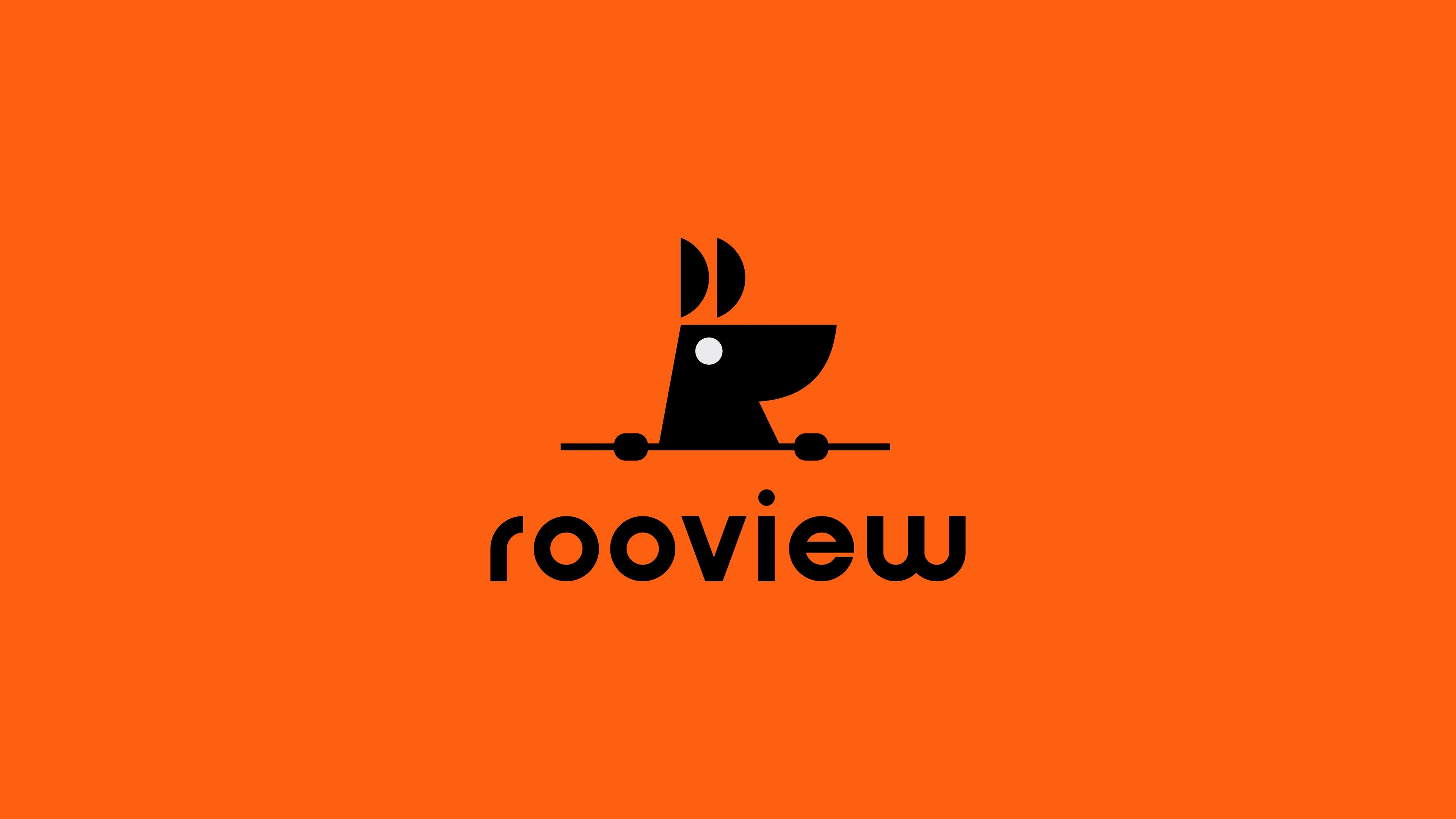 the RooView kangaroo logo and wordmark in black on a full bright-orange field