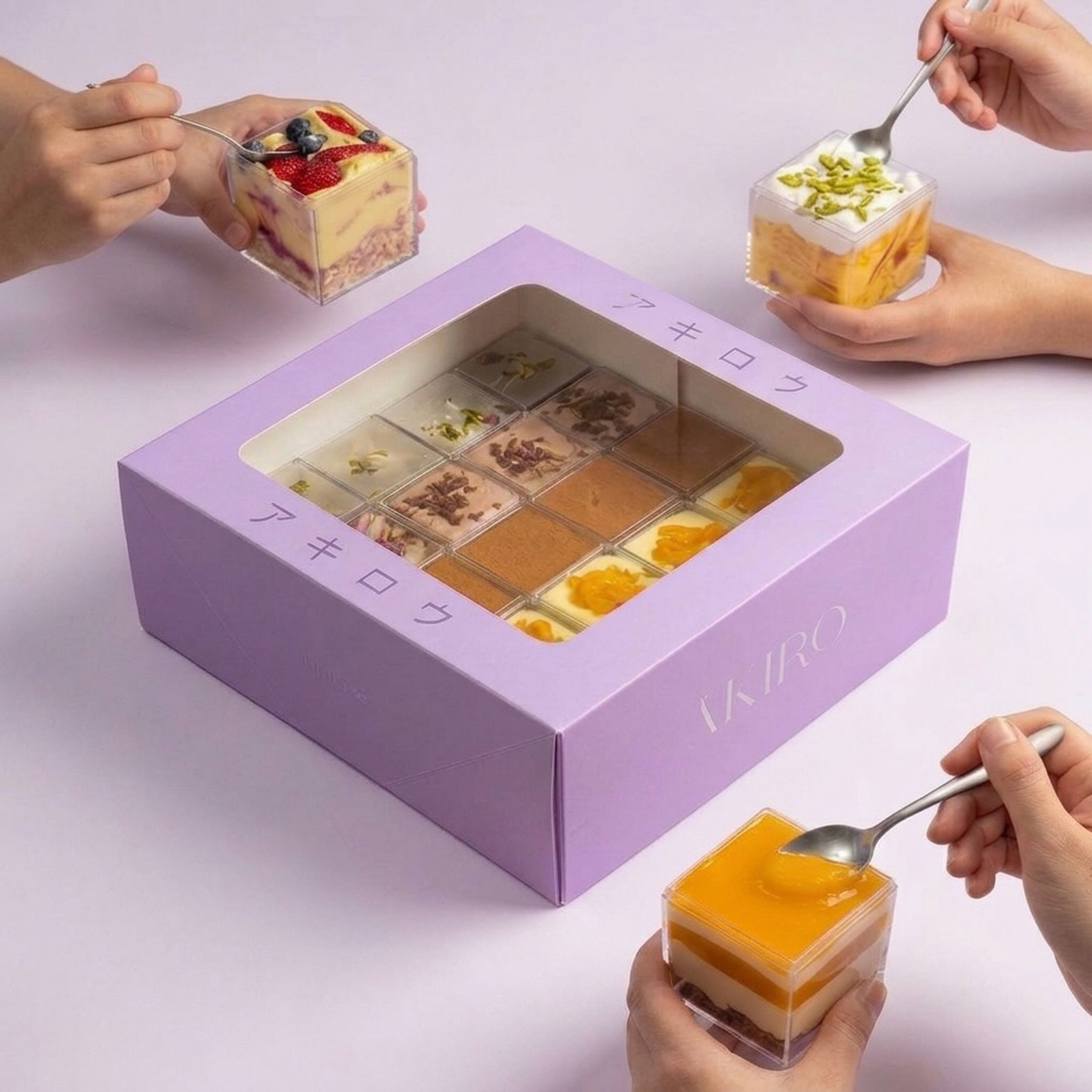 Hands sharing ÄKIRO layered dessert cups around a lilac branded tasting box