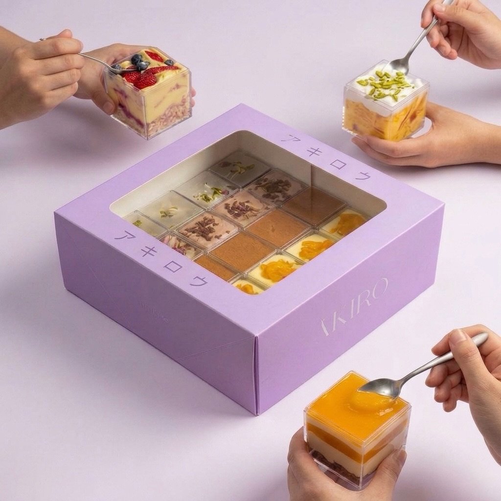 Hands sharing ÄKIRO layered dessert cups around a lilac branded tasting box