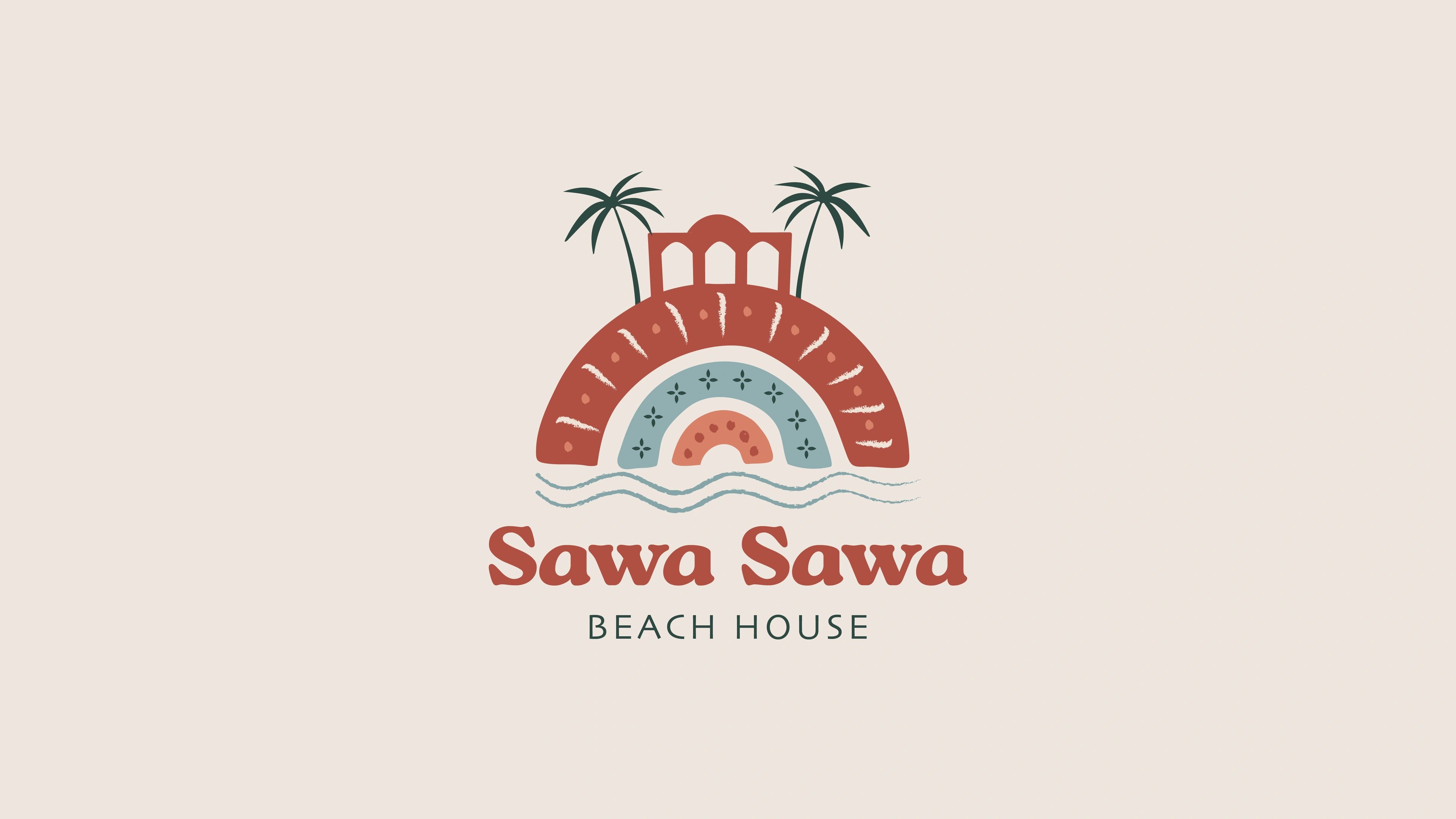 Sawa Sawa Beach House primary logo, an arch, rainbow and palm emblem in cranberry and steel blue on cream
