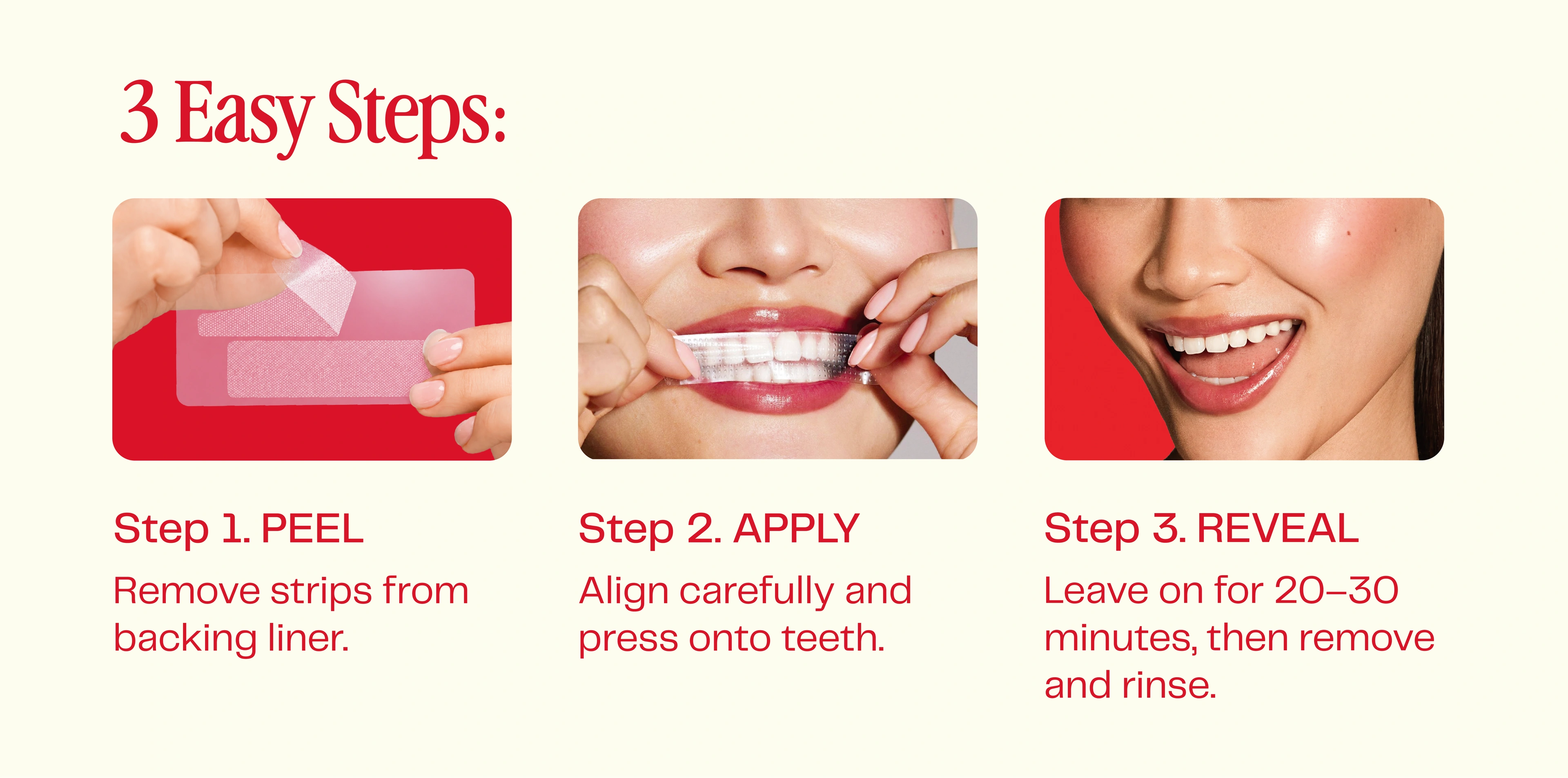 OPEARL packaging back showing the three-step routine — peel, apply, reveal — with application photos
