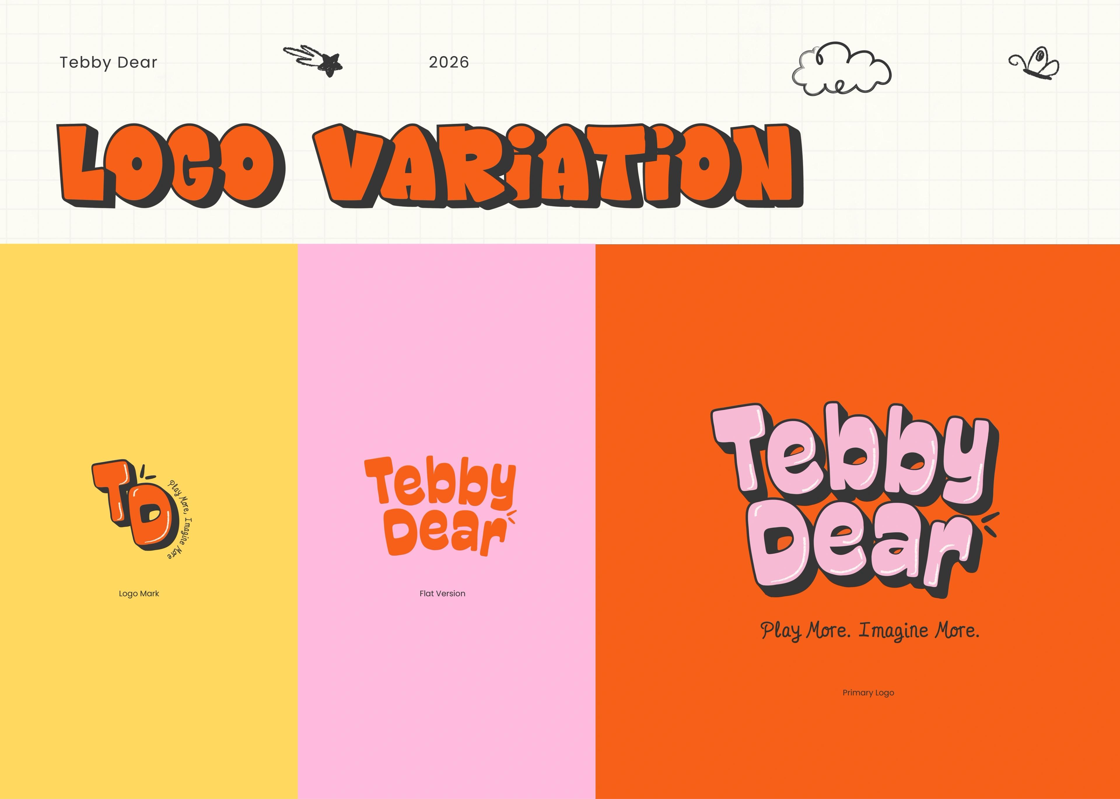 Tebby Dear logo-variation board — the TD monogram and wordmark across yellow, pink and orange