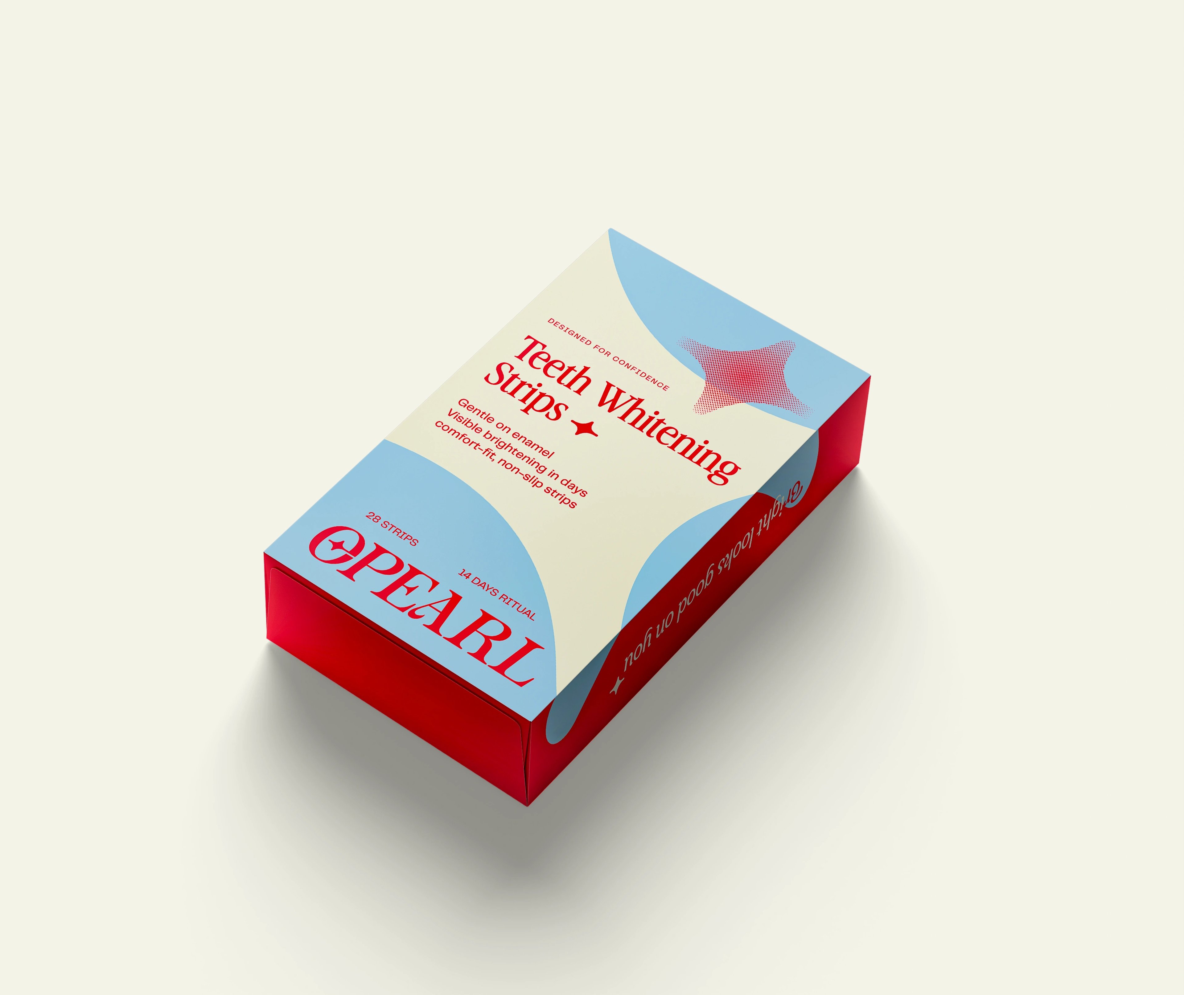 OPEARL teeth-whitening strips box shot flat on a cream surface