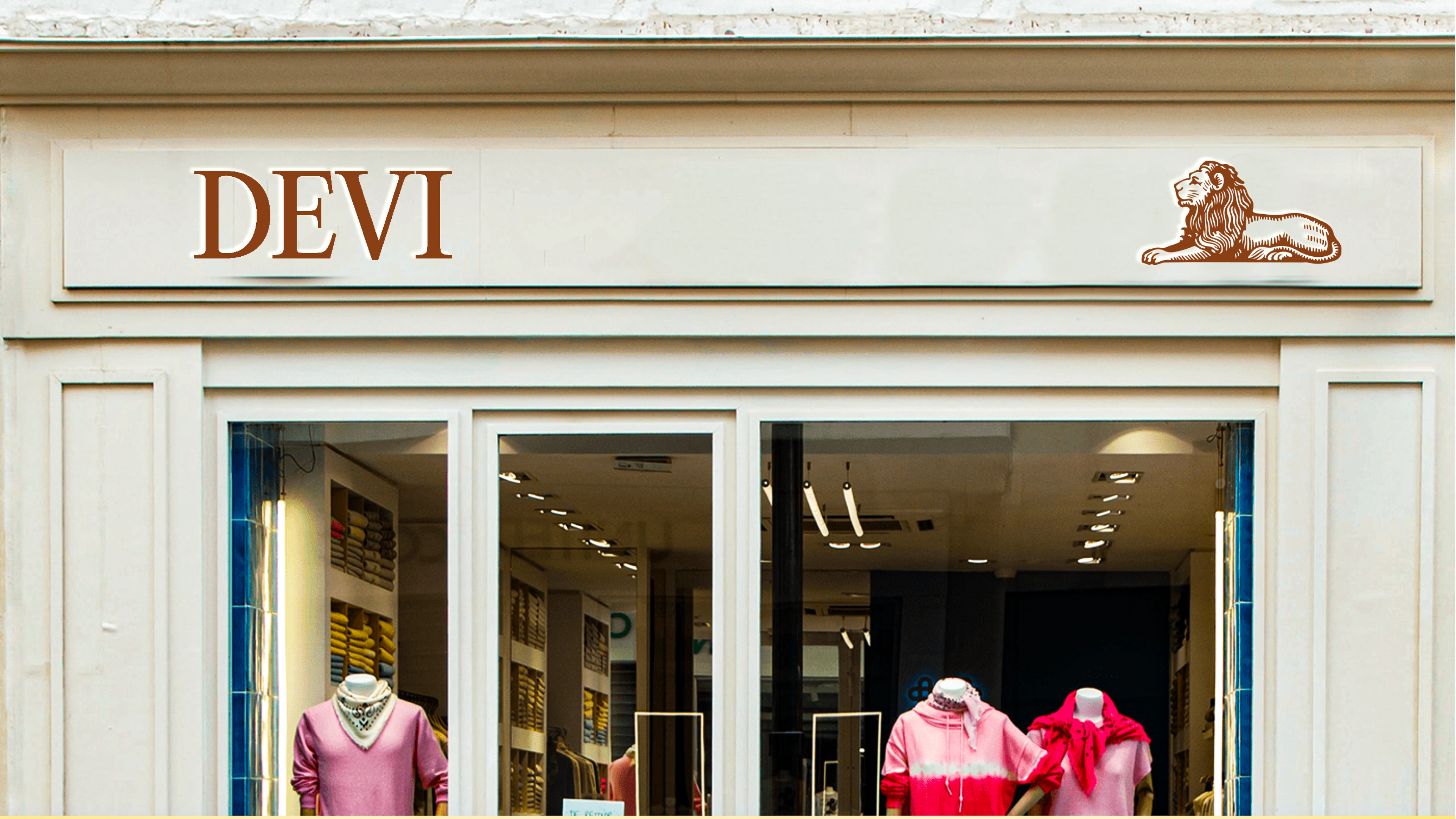 The ornate framed DEVI wordmark on lavender grey