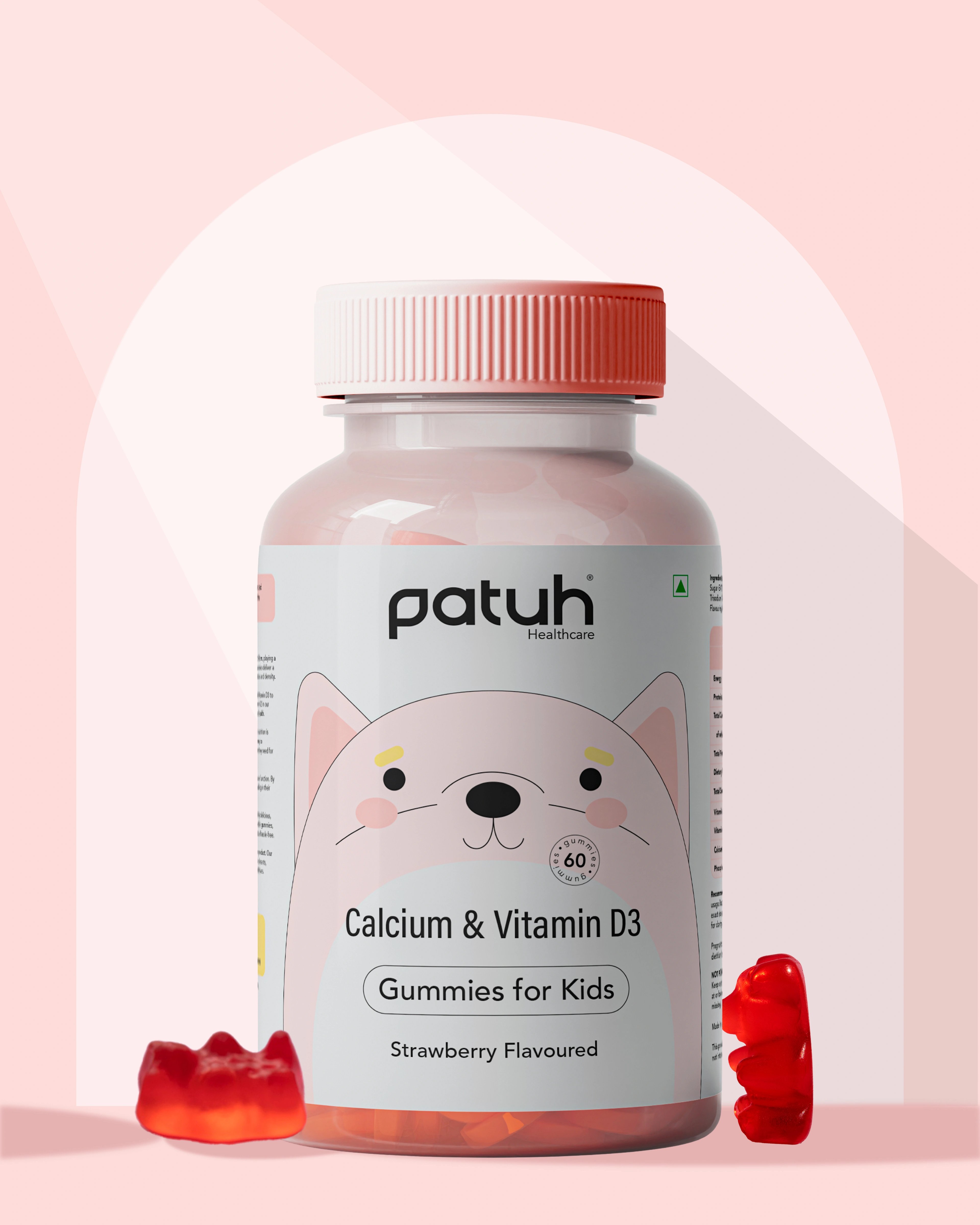 Patuh Healthcare Calcium and vitamin D3 gummies for kids in strawberry flavour, with a cat character on the bottle