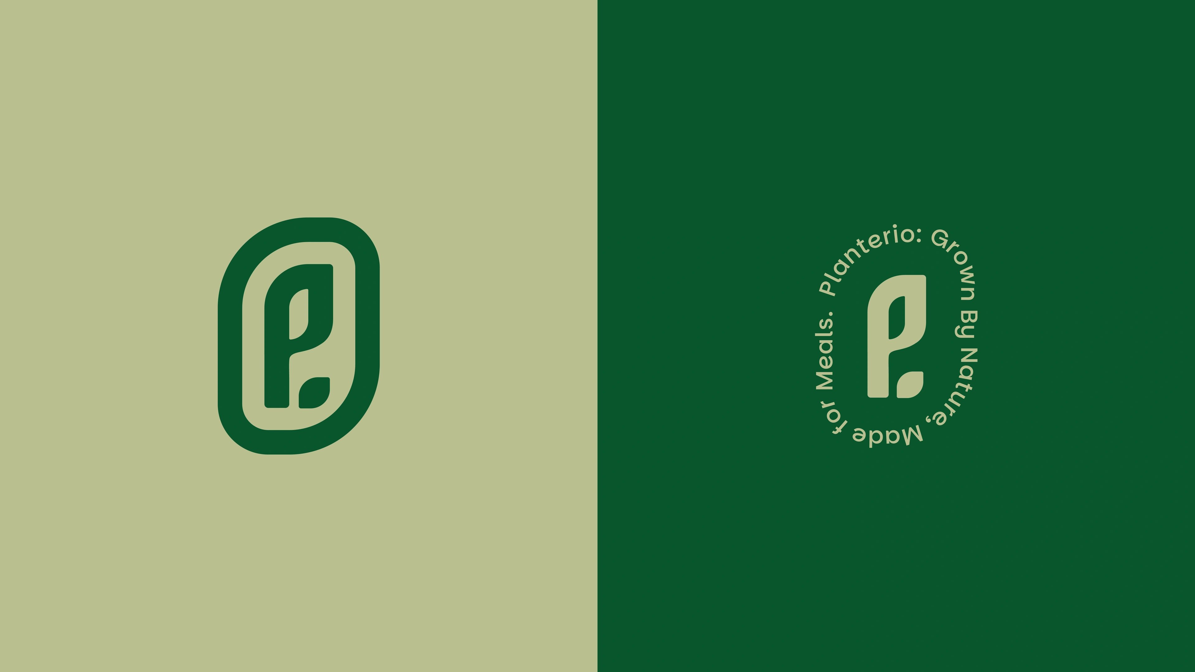 Planterio leaf-form monogram on sage green ringed by 'Grown by Nature, Made for Meals' lettering