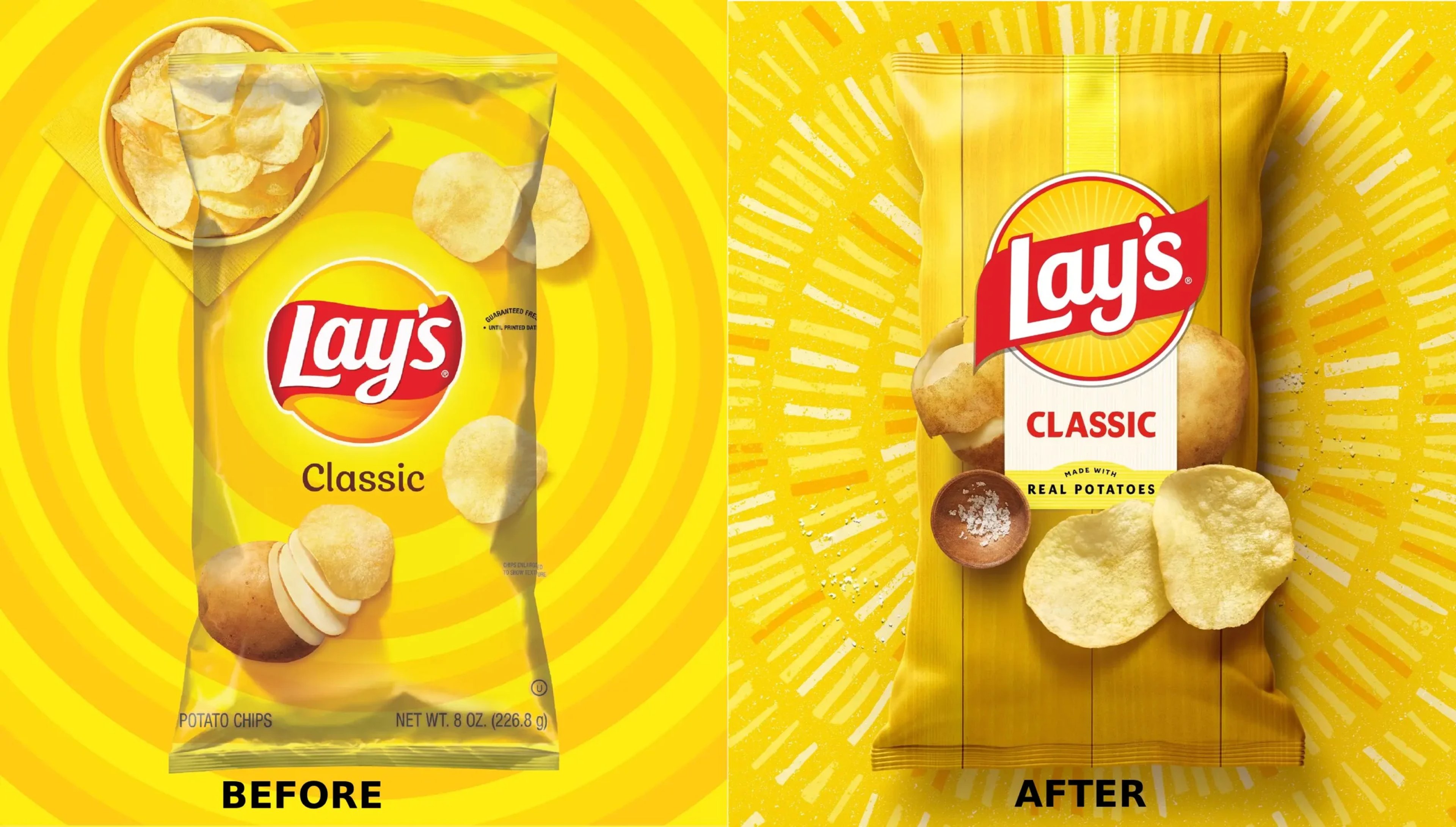 Lay's Classic pack before and after the 2025 redesign