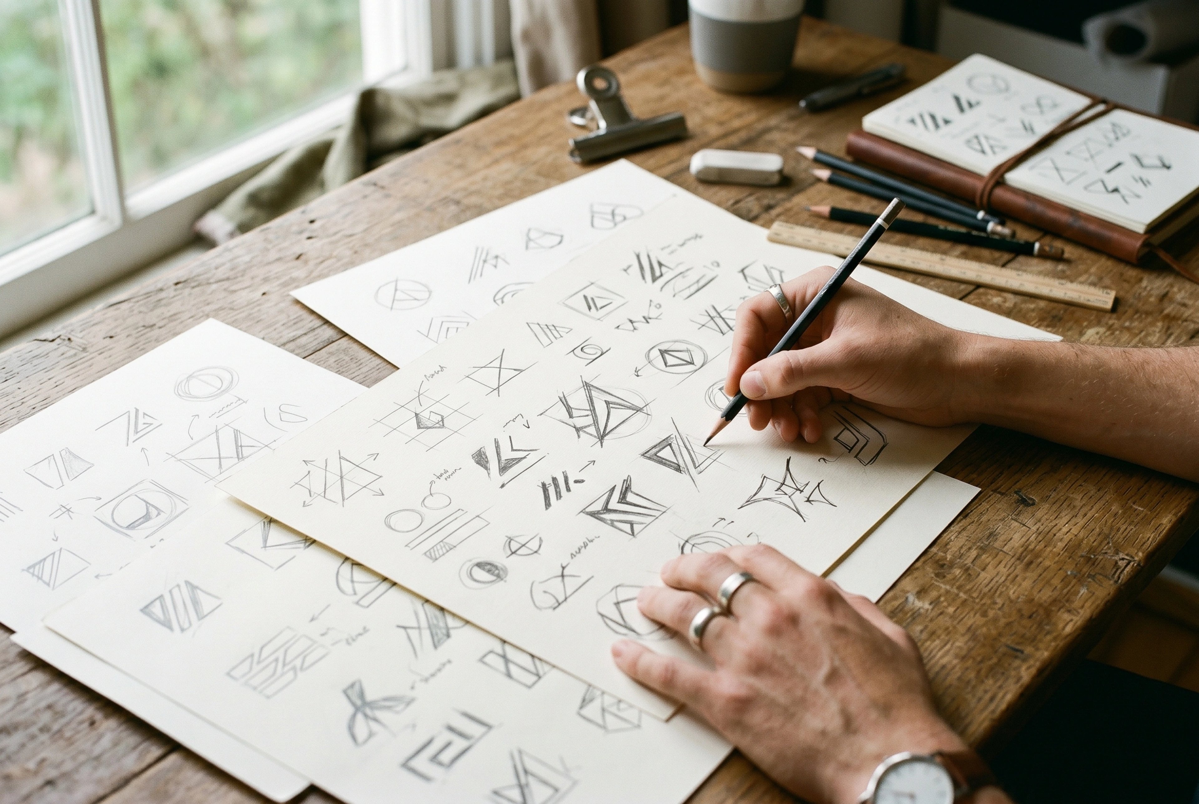 Hands sketching logo mark options in pencil at a studio desk