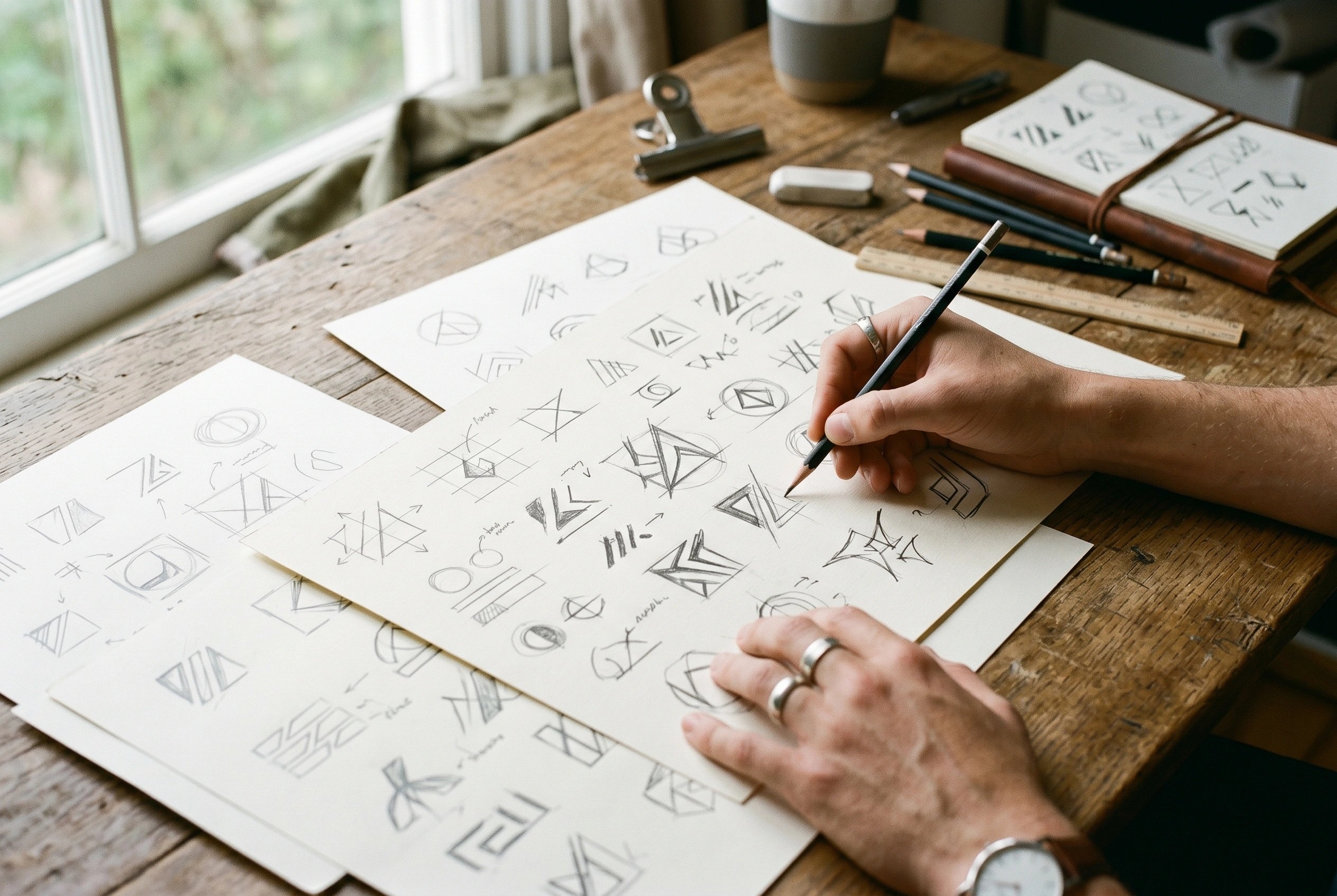Hands sketching logo mark options in pencil at a studio desk