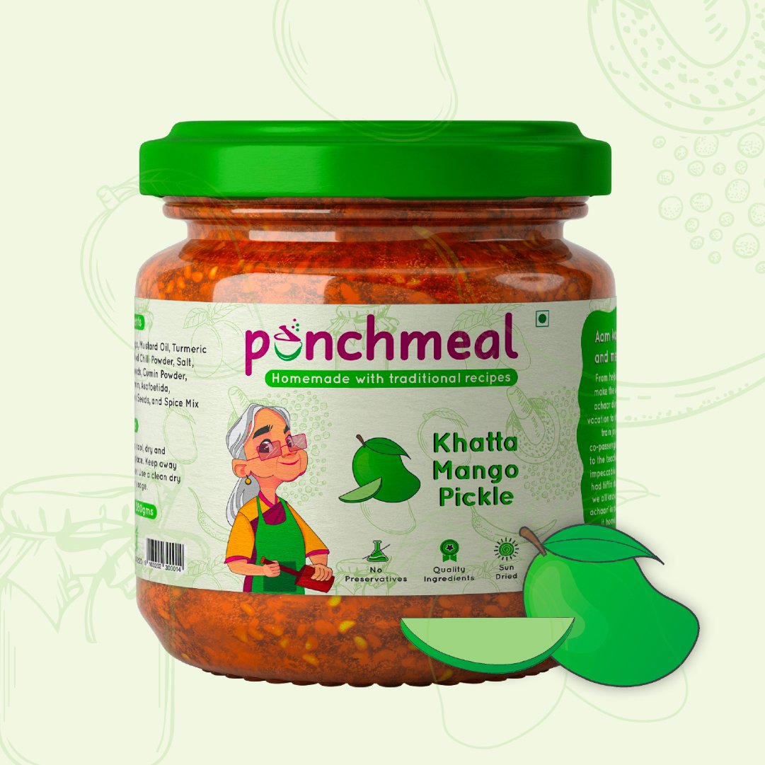 Punchmeal Khatta Mango Pickle jar with its hand-drawn raw-mango illustration on a soft green pattern