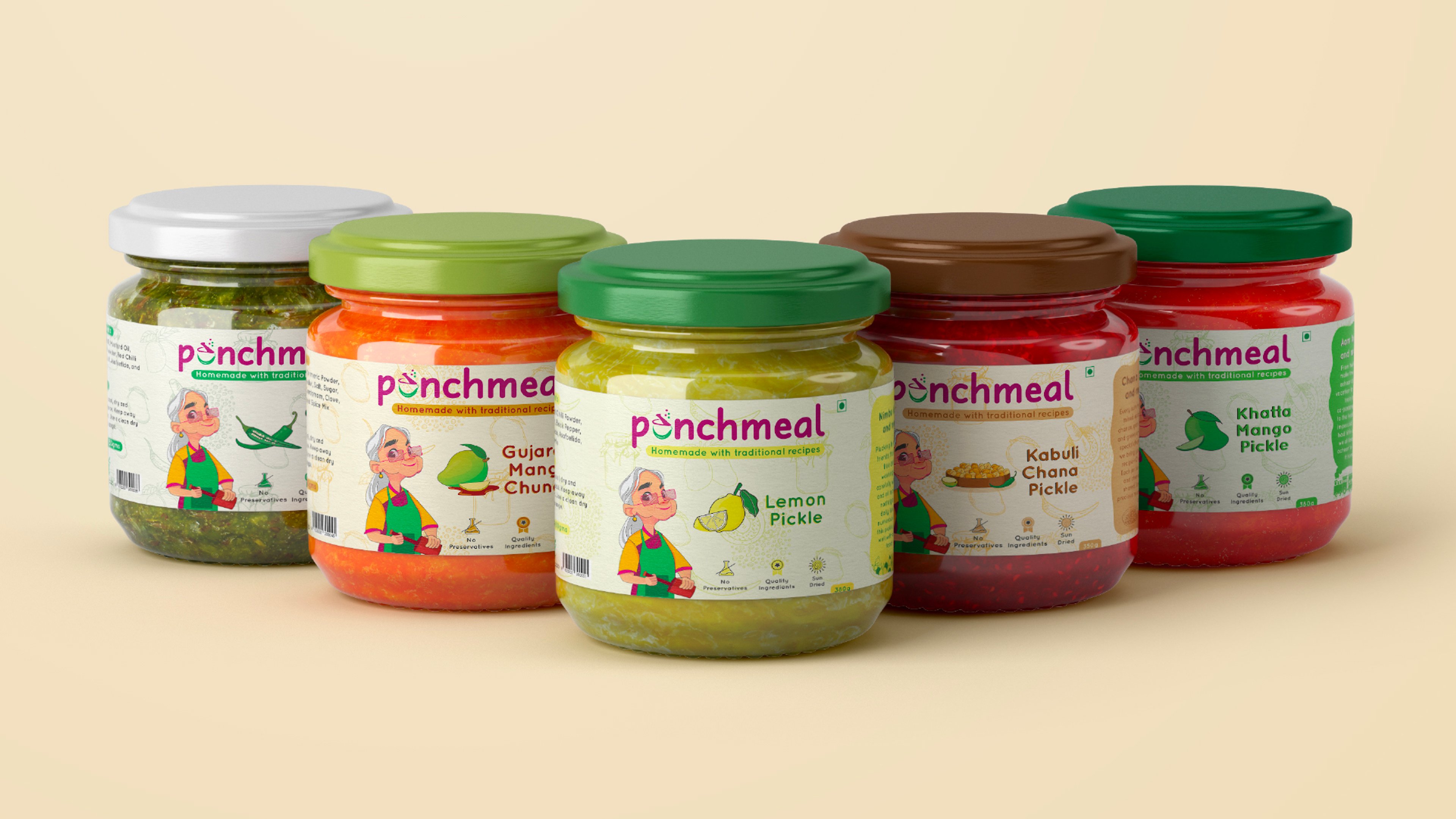 The full Punchmeal pickle range staggered together — green chilli, mango chunda, lemon, chana and khatta mango