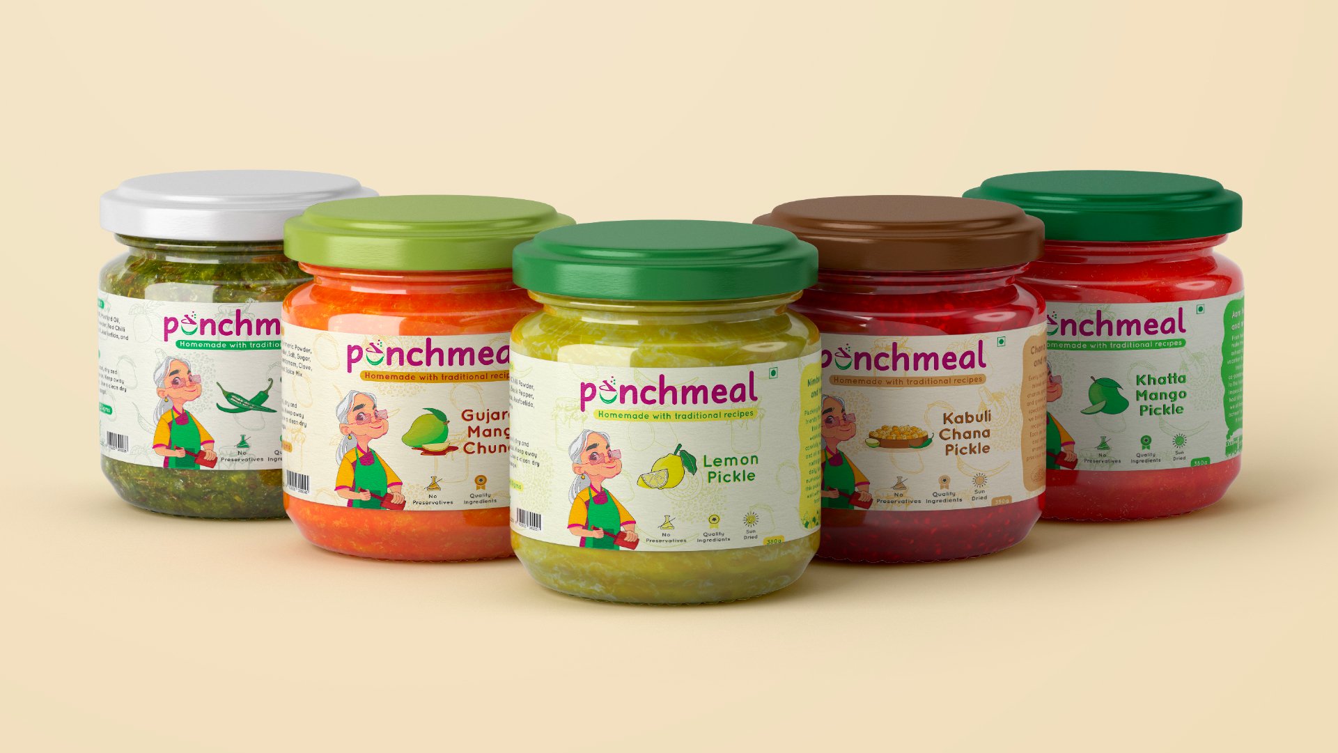 The full Punchmeal pickle range staggered together — green chilli, mango chunda, lemon, chana and khatta mango