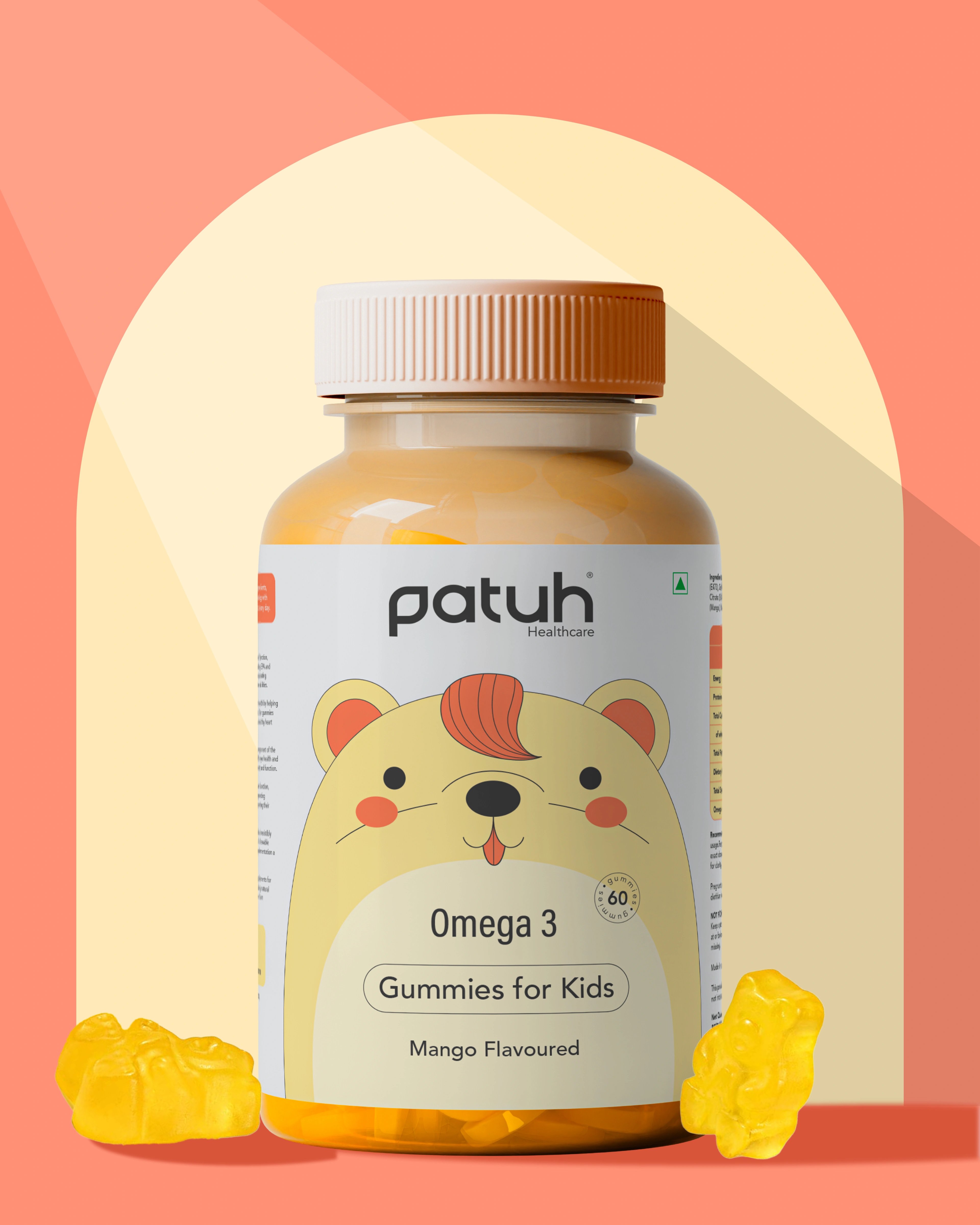 Patuh Healthcare Omega 3 gummies for kids in mango flavour, with a cheerful lion character on the bottle