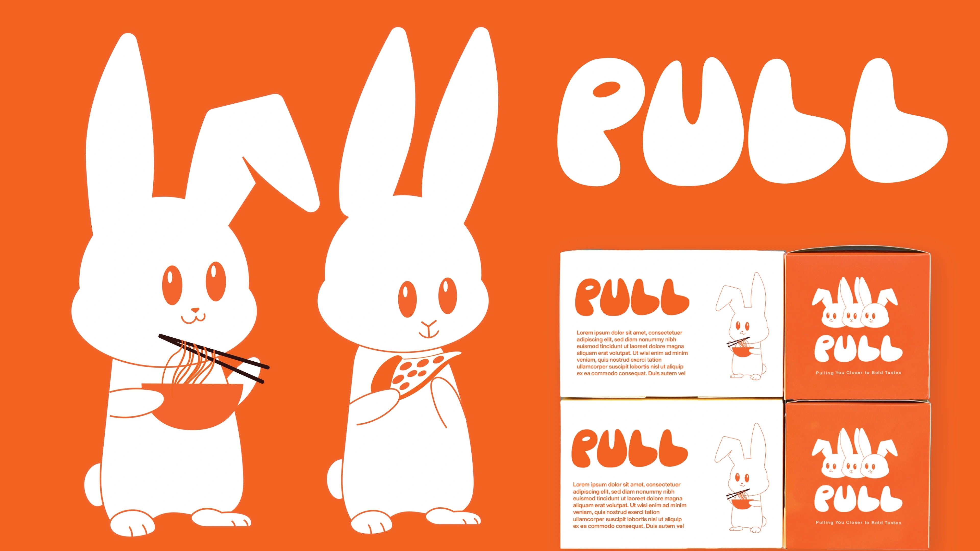 PULL identity board with two bunny mascots eating, the wordmark and two printed packaging boxes