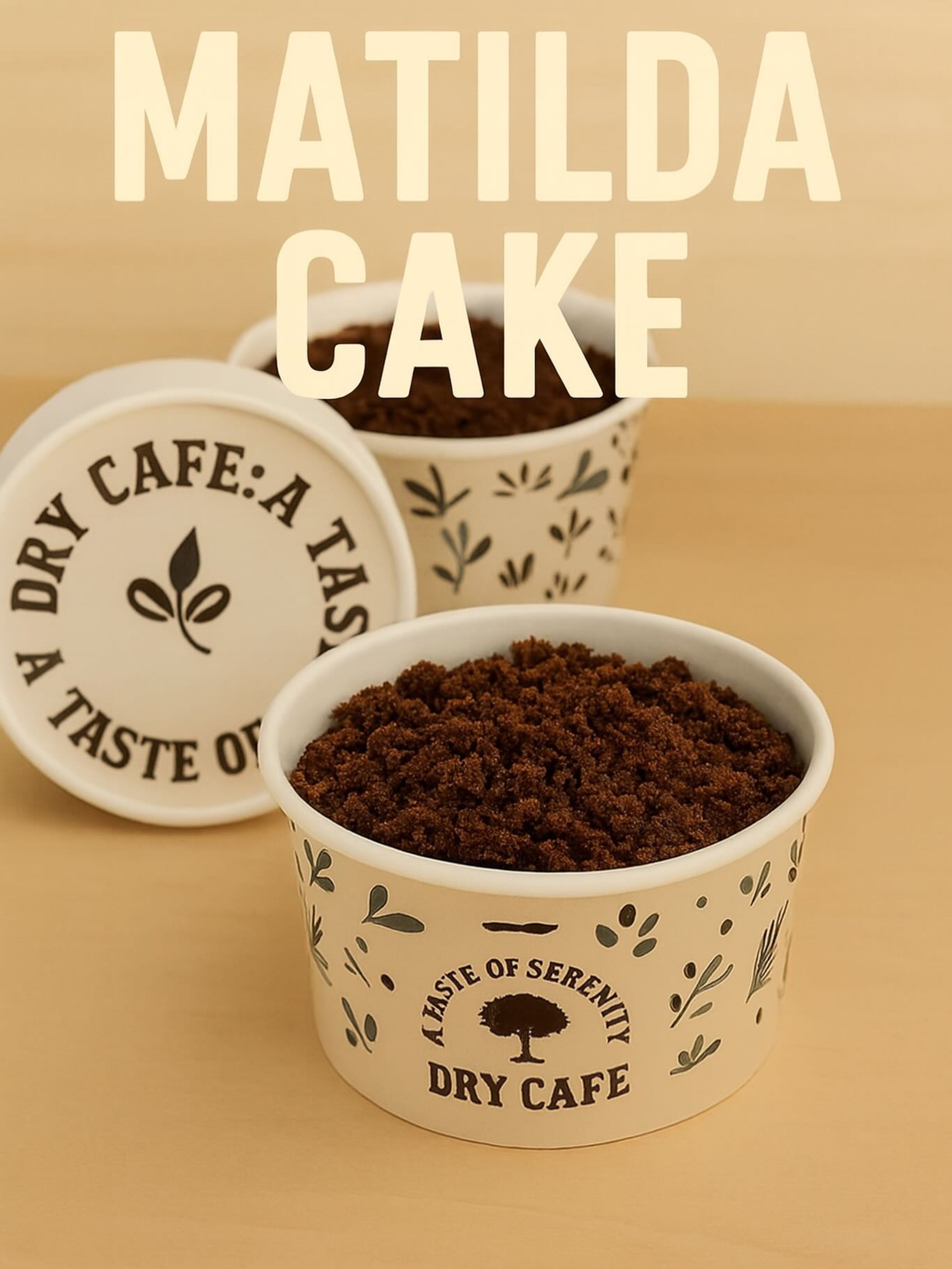 Two Dry Café cups of chocolate Matilda cake in botanical-print packaging stamped with the 'a taste of serenity' seal