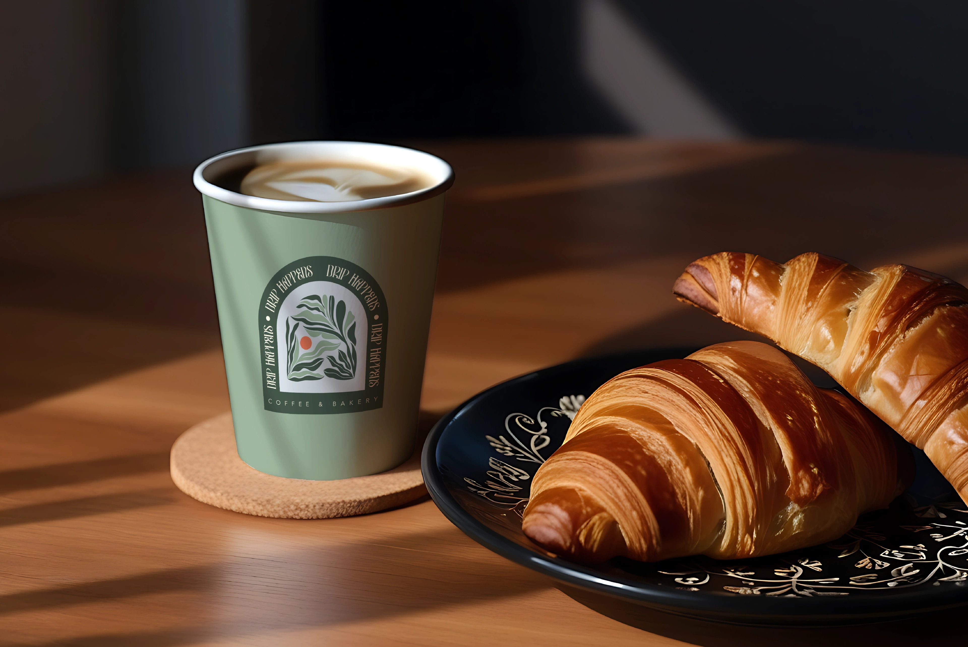 Drip Happens cappuccino in a branded cup beside fresh croissants on a dark patterned plate