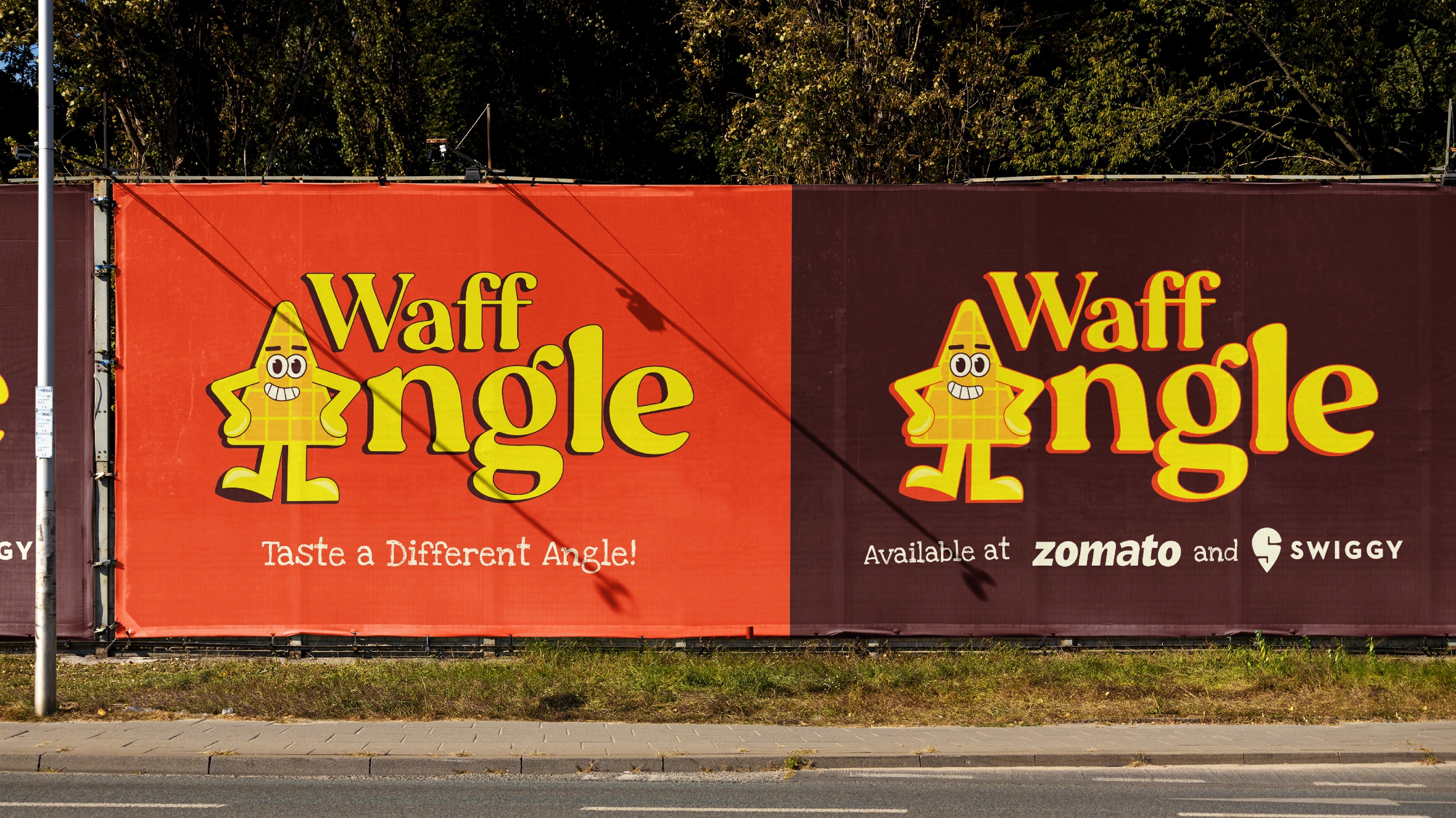 Waffangle roadside billboards showing the mascot and 'Taste a Different Angle' with Zomato and Swiggy availability