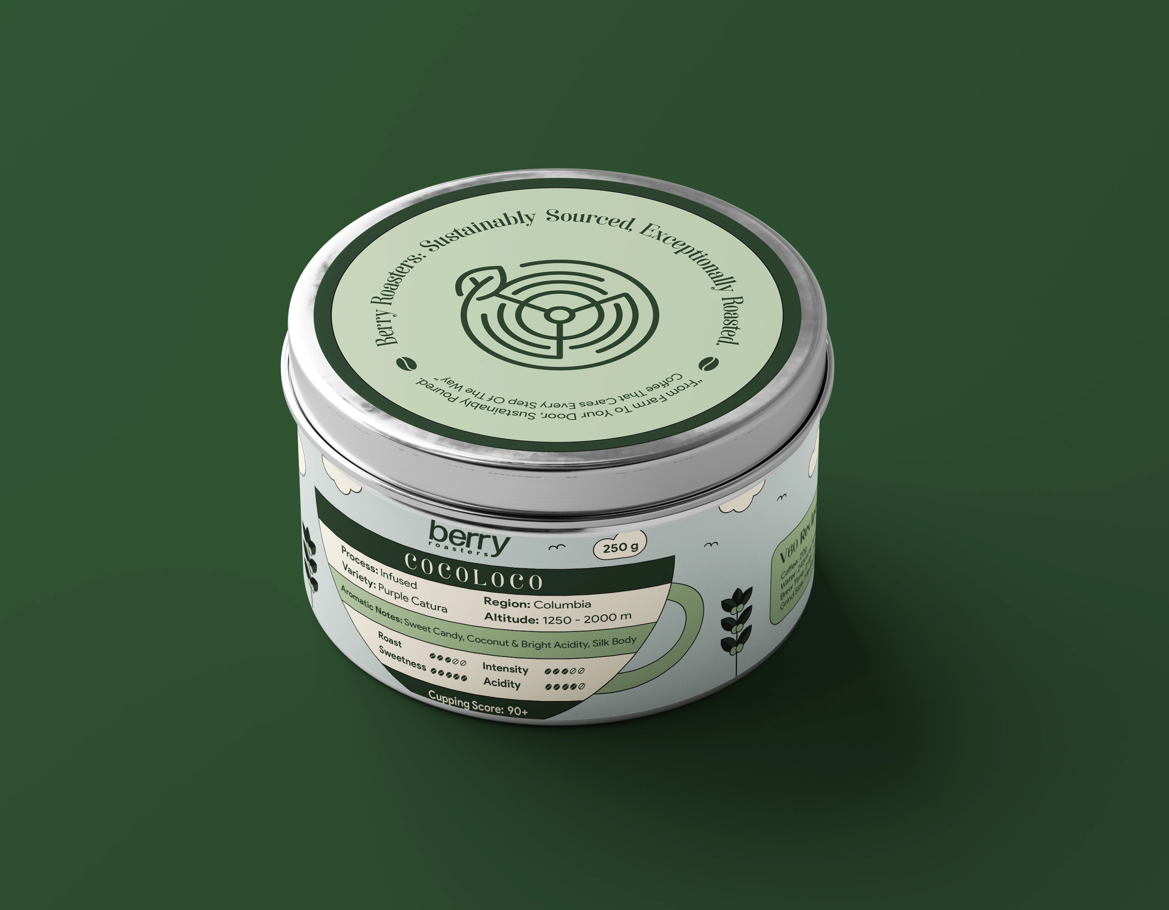 Top view of a Berry Roasters COCOLOCO tin on deep green, its lid embossed with 'Sustainably Sourced, Sustainably Roasted'