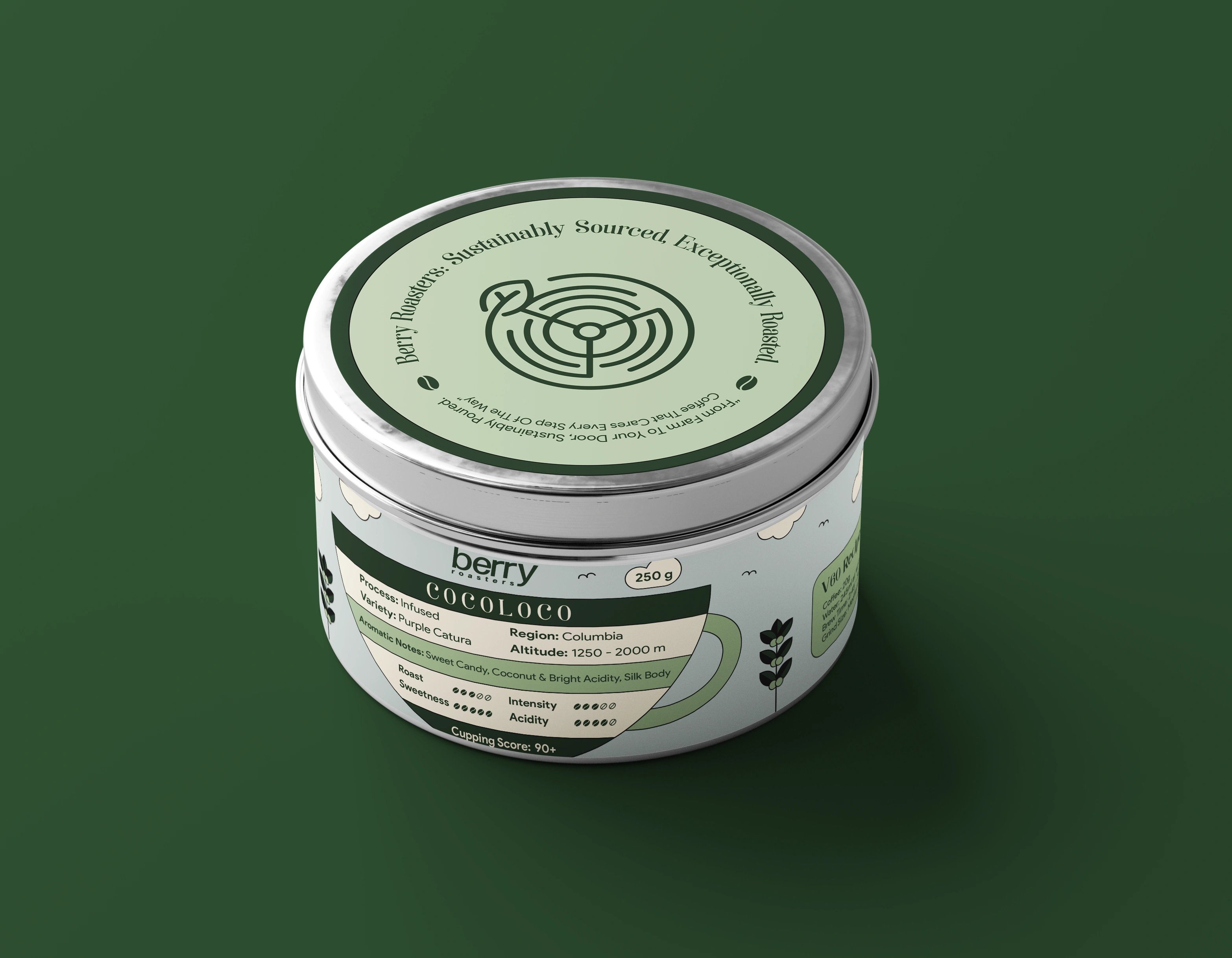 Top view of a Berry Roasters COCOLOCO tin on deep green, its lid embossed with 'Sustainably Sourced, Sustainably Roasted'