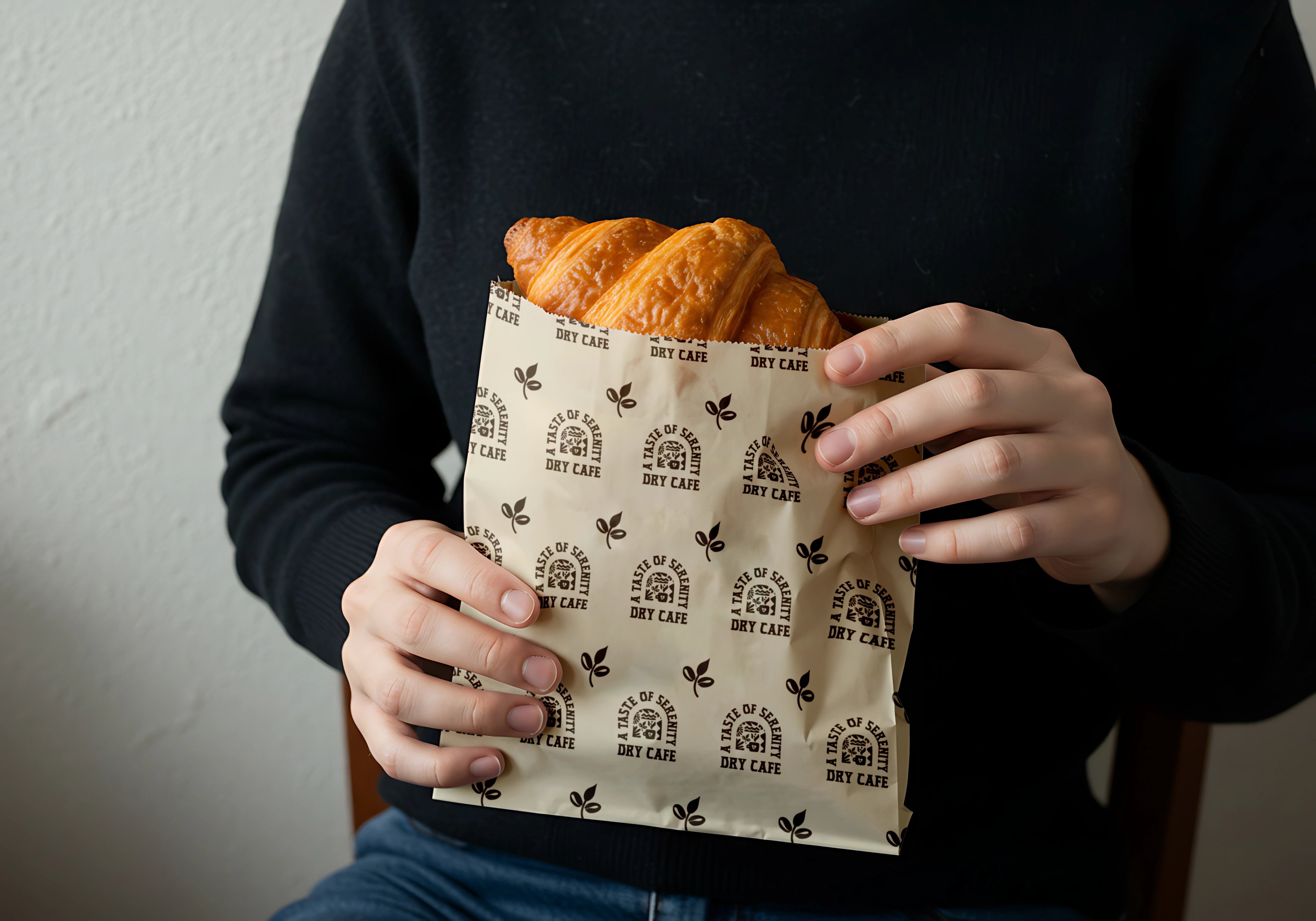 A person holding croissants in a patterned Dry Café paper bag
